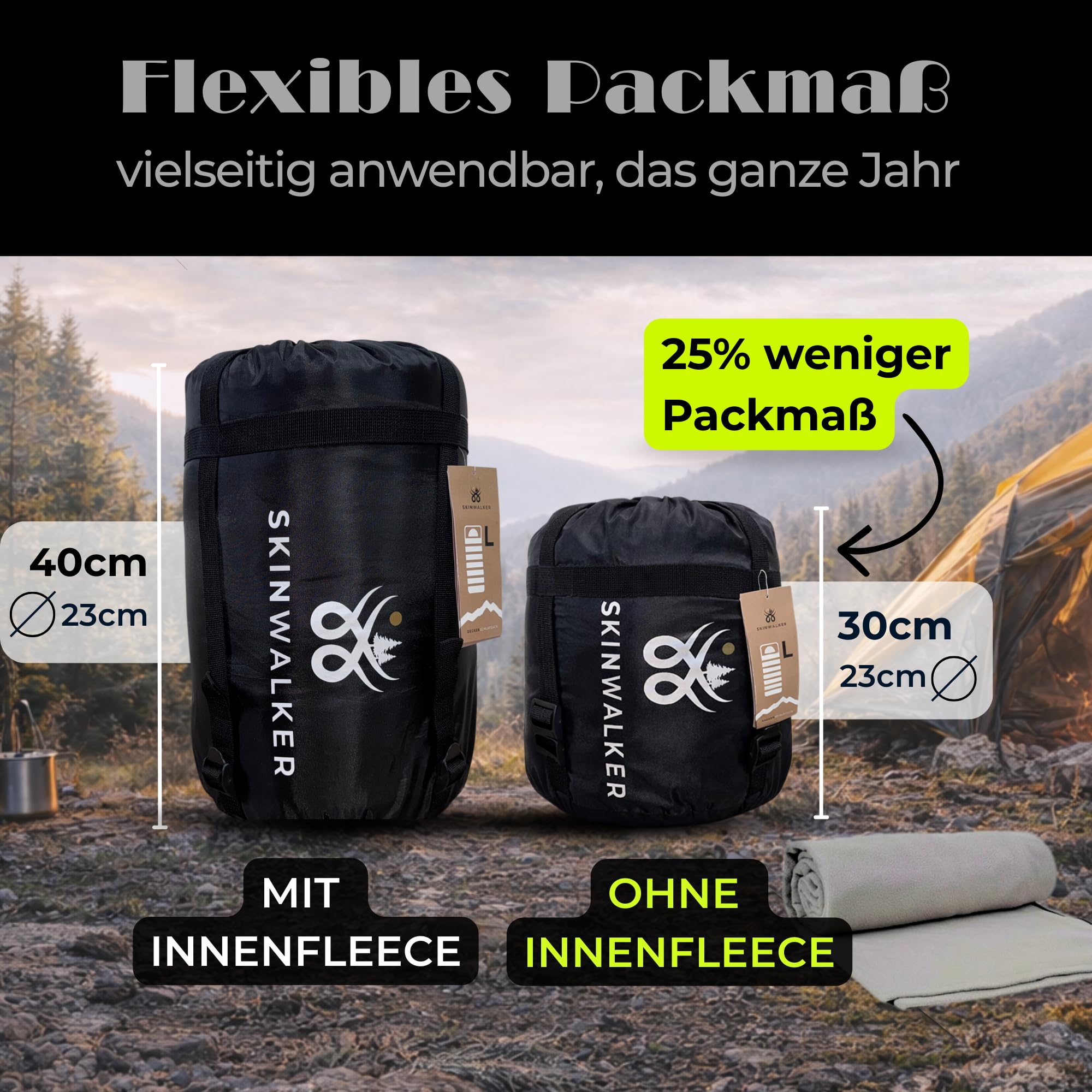 SkinWalker Schlafsack [Kleine Größe bis 1,70m Körpergröße] 3-4 Jahreszeiten mit abnehmbaren Fleece + Kopfkissen [-15°C bis +20°C] Deckenschlafsack Schlafsack Camping, Sleeping Bag Jugendliche