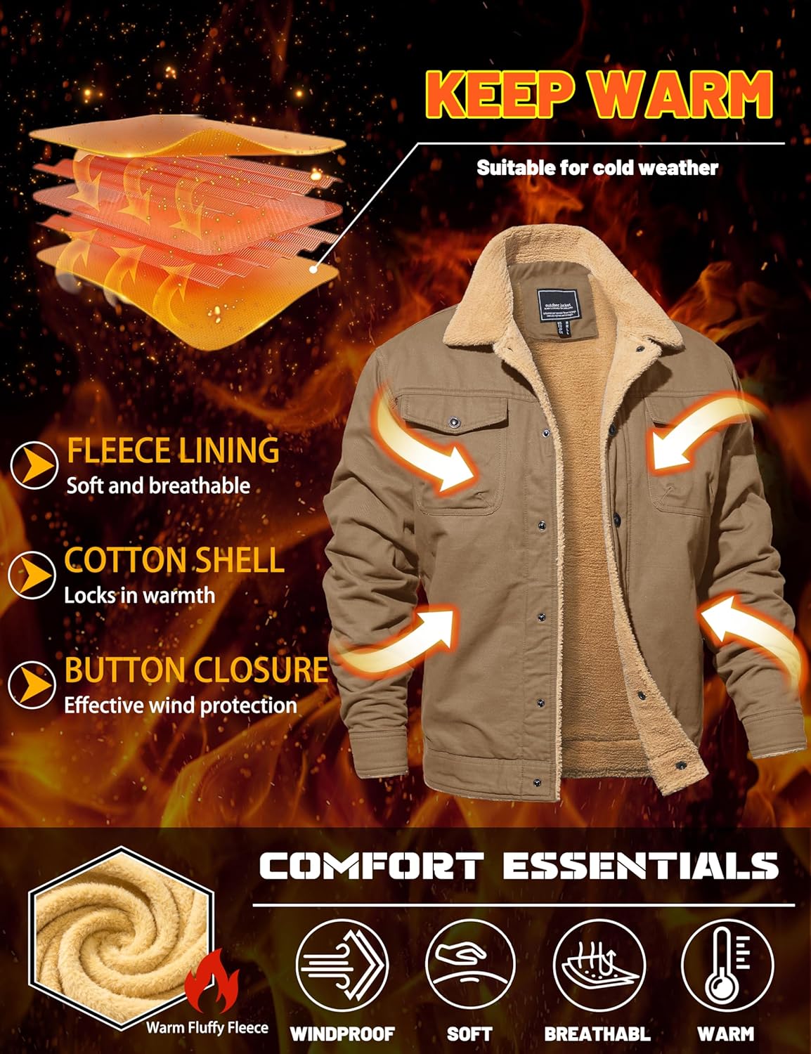 MAGNIVIT Men's Cotton Cargo Jacket Winter Sherpa Fleece Lined Work Jacket Coats with 5 Pockets - Image 3