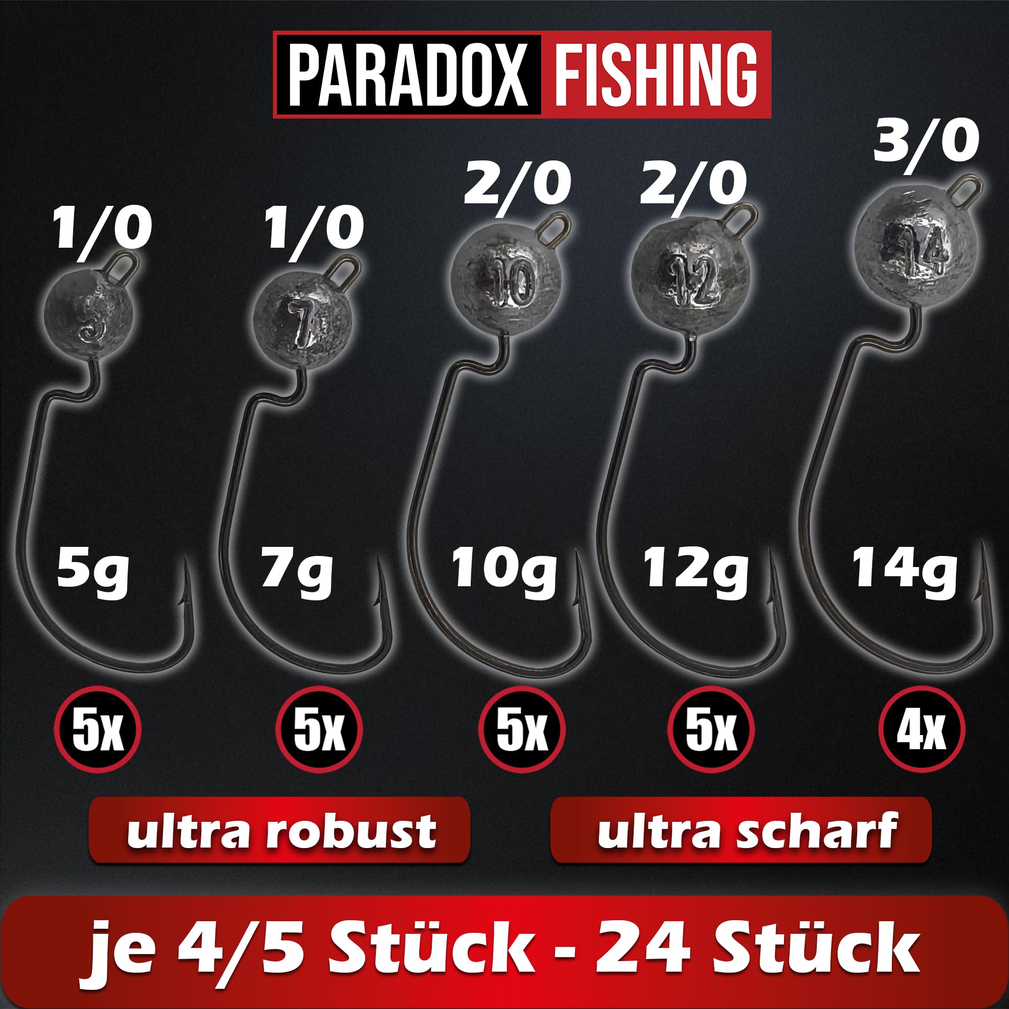 Paradox Fishing Set di ganci offset premium (3.5 g/5 g/7 g/10 g/14 g), 35 pezzi, 5/4 pezzi, ganci per pesci di gomma, set Jig Head