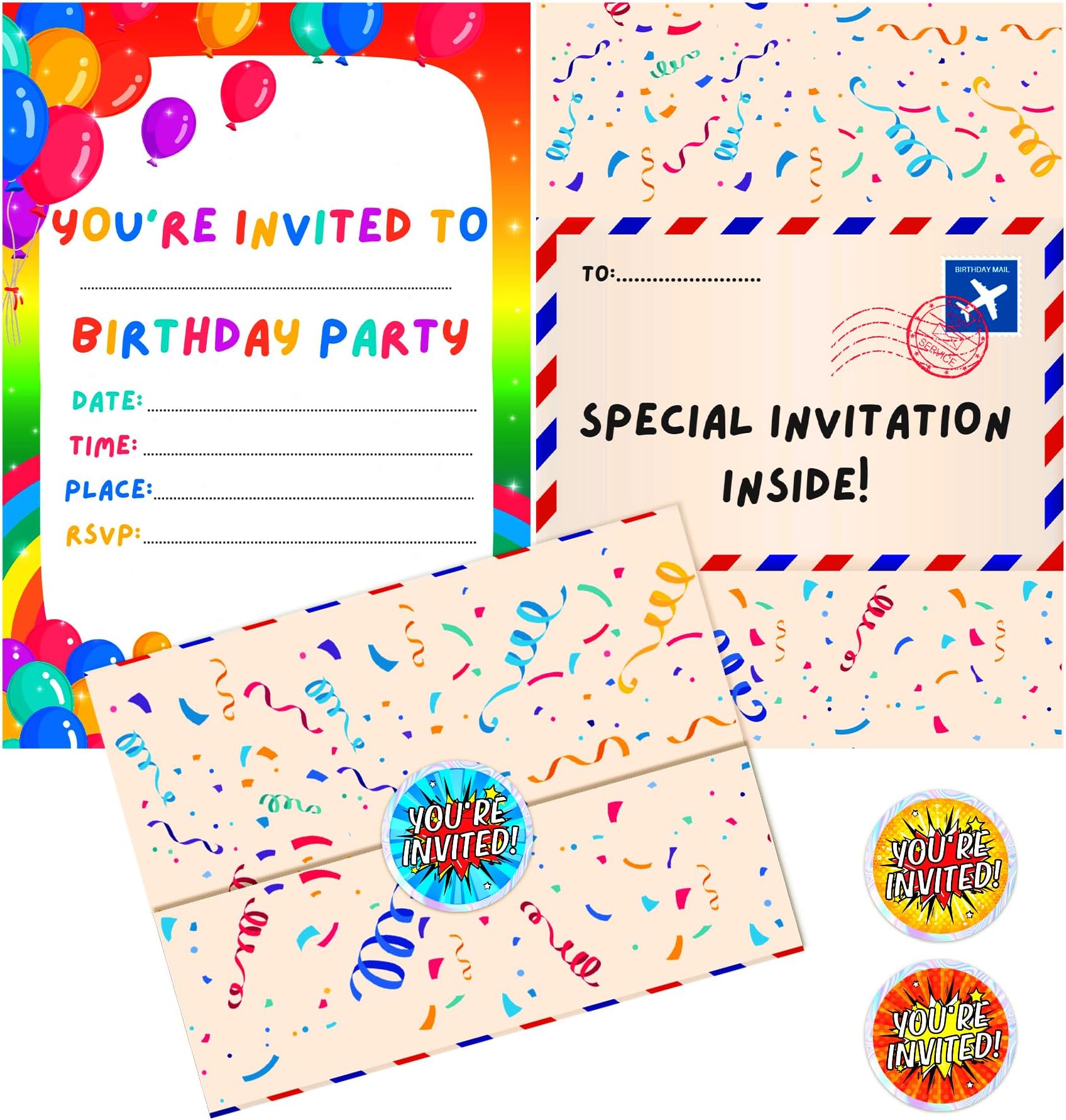 36 Kids Childrens Birthday Party Invitations with Folding Envelope Design and Holographic Stickers (Rainbow)