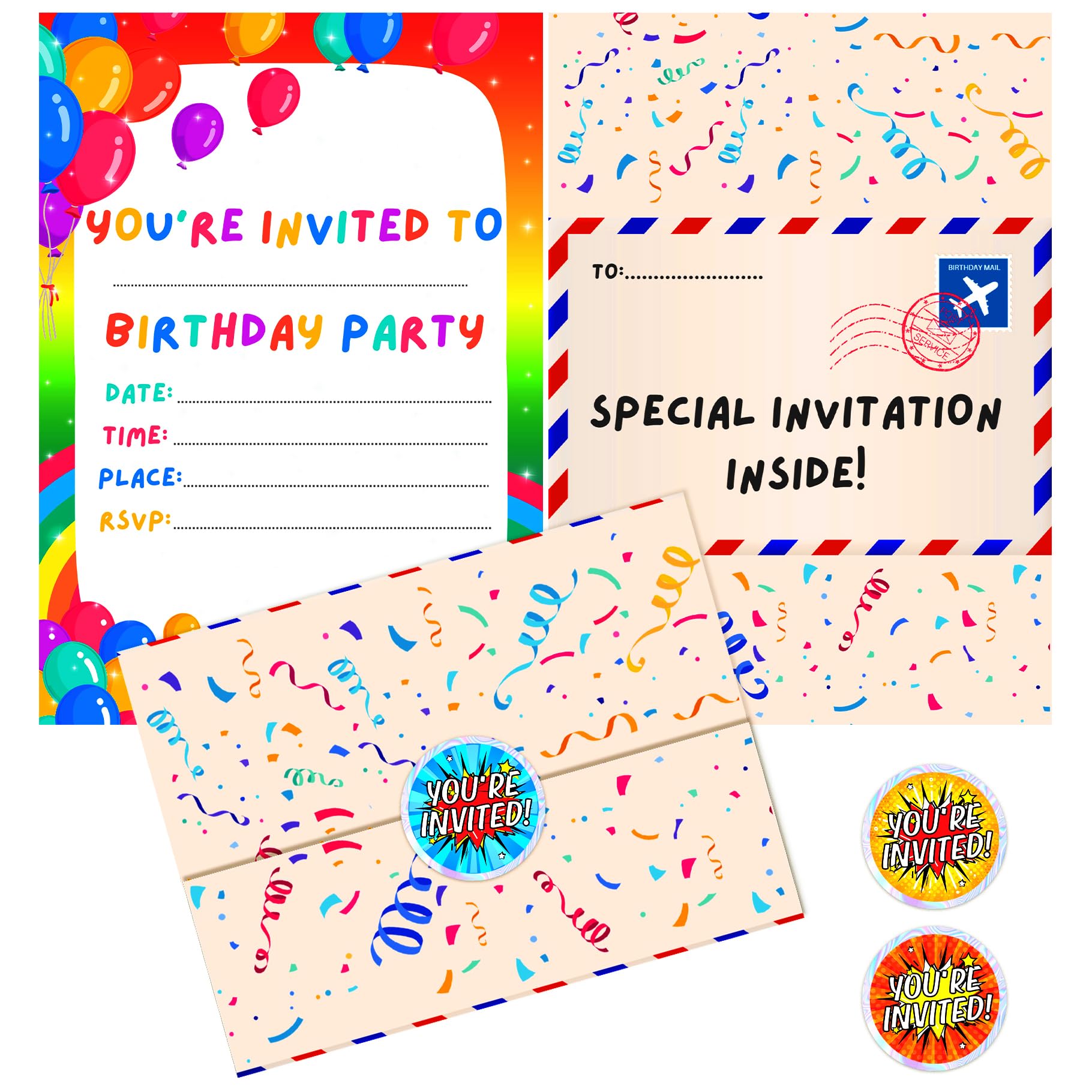 BestaFiesta Party Invites Kids Party Invitations Pack of 36 Birthday Party Invitations Childrens Birthday Party Boys Girls Kids Invites with Folding Envelope Design and Holographic Stickers (Rainbow)