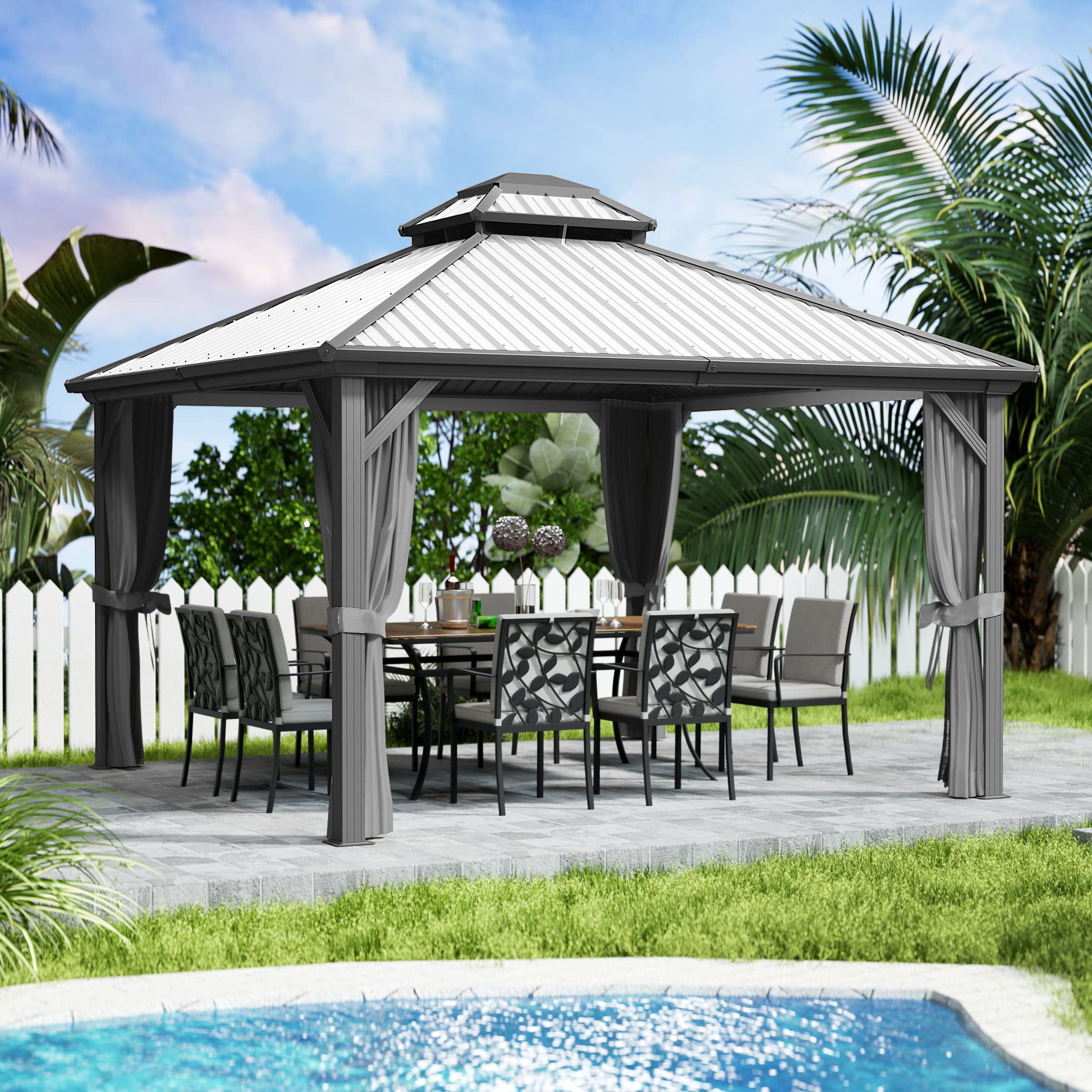 Kozyard Caesar 12'x12' Hardtop Gazebo - Permanent Metal Pavilion with Netting and Shaded Curtains for Patio, Backyard, and Deck - Galvanized Steel Outdoor Aluminum Canopy, Double Roof Gazebo (Grey)