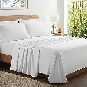 Kickoff Viscose Bamboo Sheets Queen Size 4-pc 100% Organic Bamboo Viscose Bed Cooling Sheets Queen Size Set Cool Bedding for hot Sleepers Sheet, Flat, Fitted, Pillowcases (Snow White, Q)