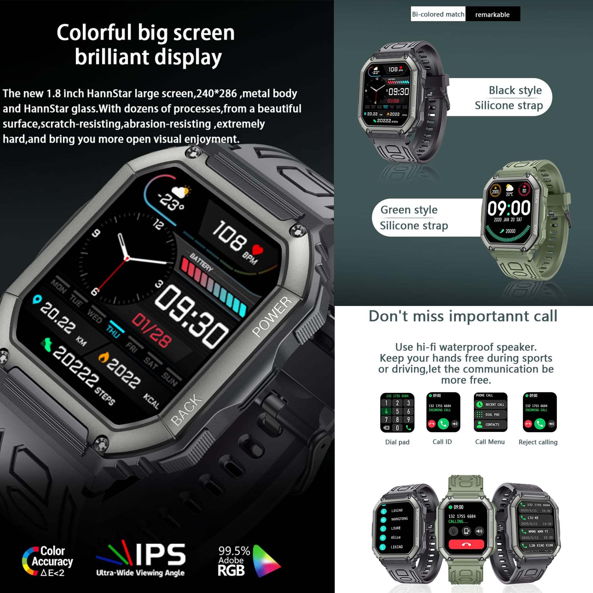Smart Watch męski z funkcją telefonu, 1,8" HD, zegarek sportowy z Bluetooth, do monitorowania tętna i krokomierza, dla systemów iOS i Android, z 3 paskami (czarny)