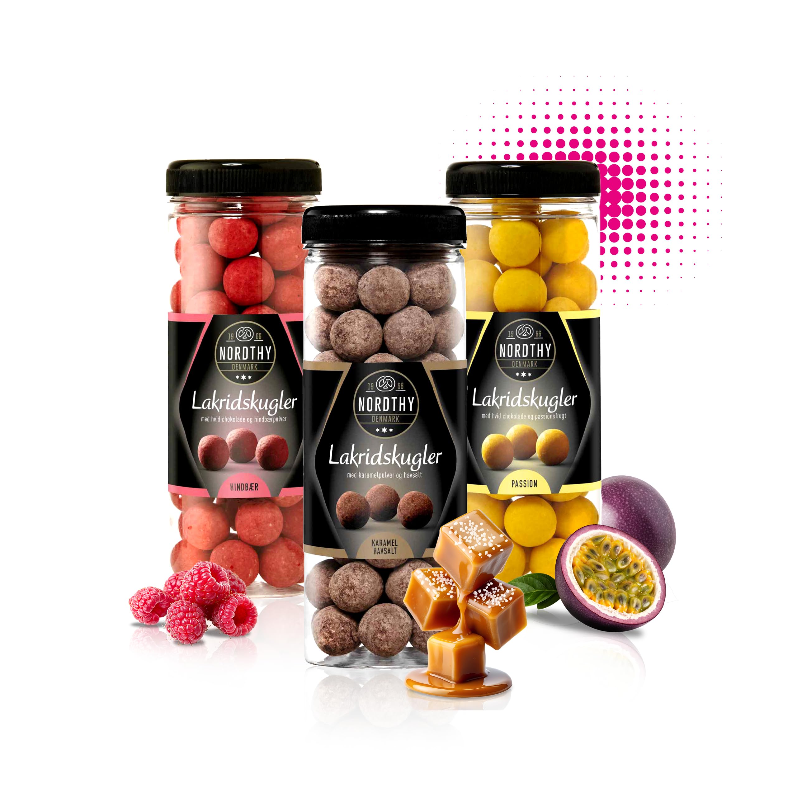 Nordthy Mix Kulek Lukrecjowych 3 x 300g Malina/Marakuja/Słony Karmel – Oryginalny Duński Zestaw Prezentowy z Lukrecją – Kulki lukrecjowe otoczone wykwintną czekoladą – Gourmet słodycze z lukrecją