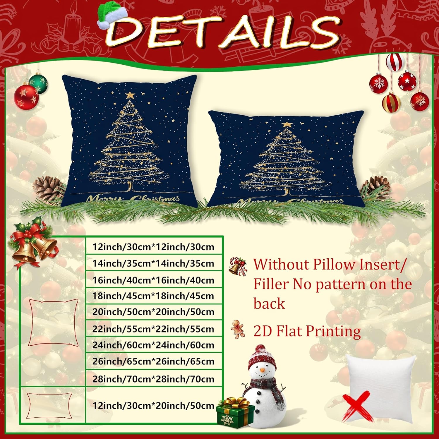 Gold Star Christmas Tree Throw Pillow Covers, Navy Blue Holiday Decor, Festive Cushion Cases for Home Sofa Bedroom Living Room 28x28 Inch