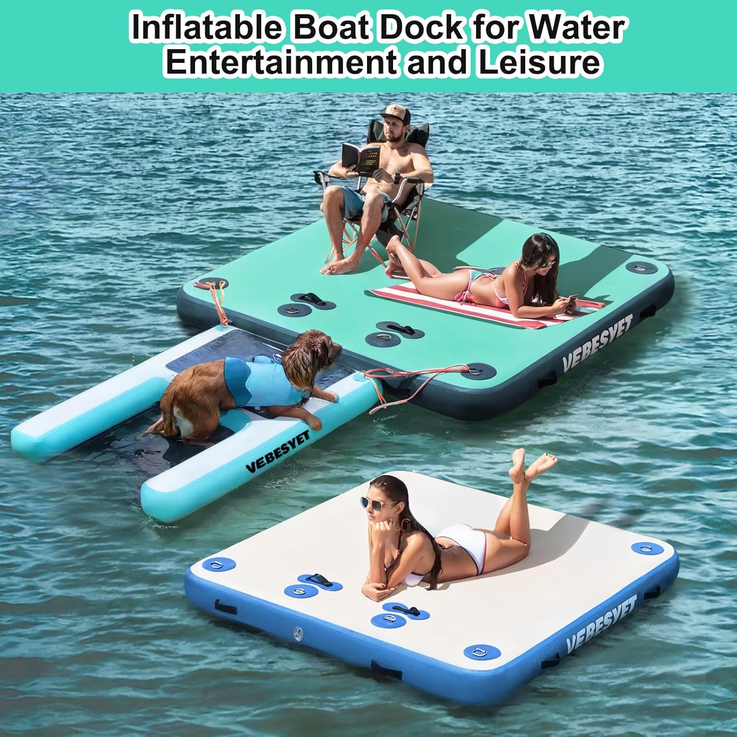 Floating Dock Inflatable Platform, 6/8 Inch Thick Multi-Person Swim Inflatable Floating Dock Floats with Storage Bag for Beach Lake Boating Pool