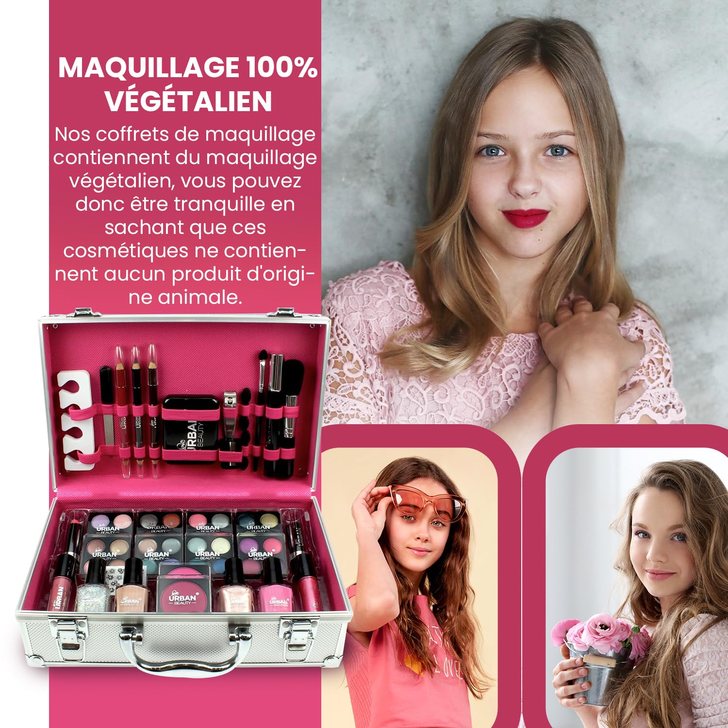 LOVE URBAN BEAUTY Dazzling – Trousse de maquillage végétalienne 60 pièces pour adolescents – Élégante boîte argentée – Design compact et léger – Ensemble de maquillage pour femme facile à transporter