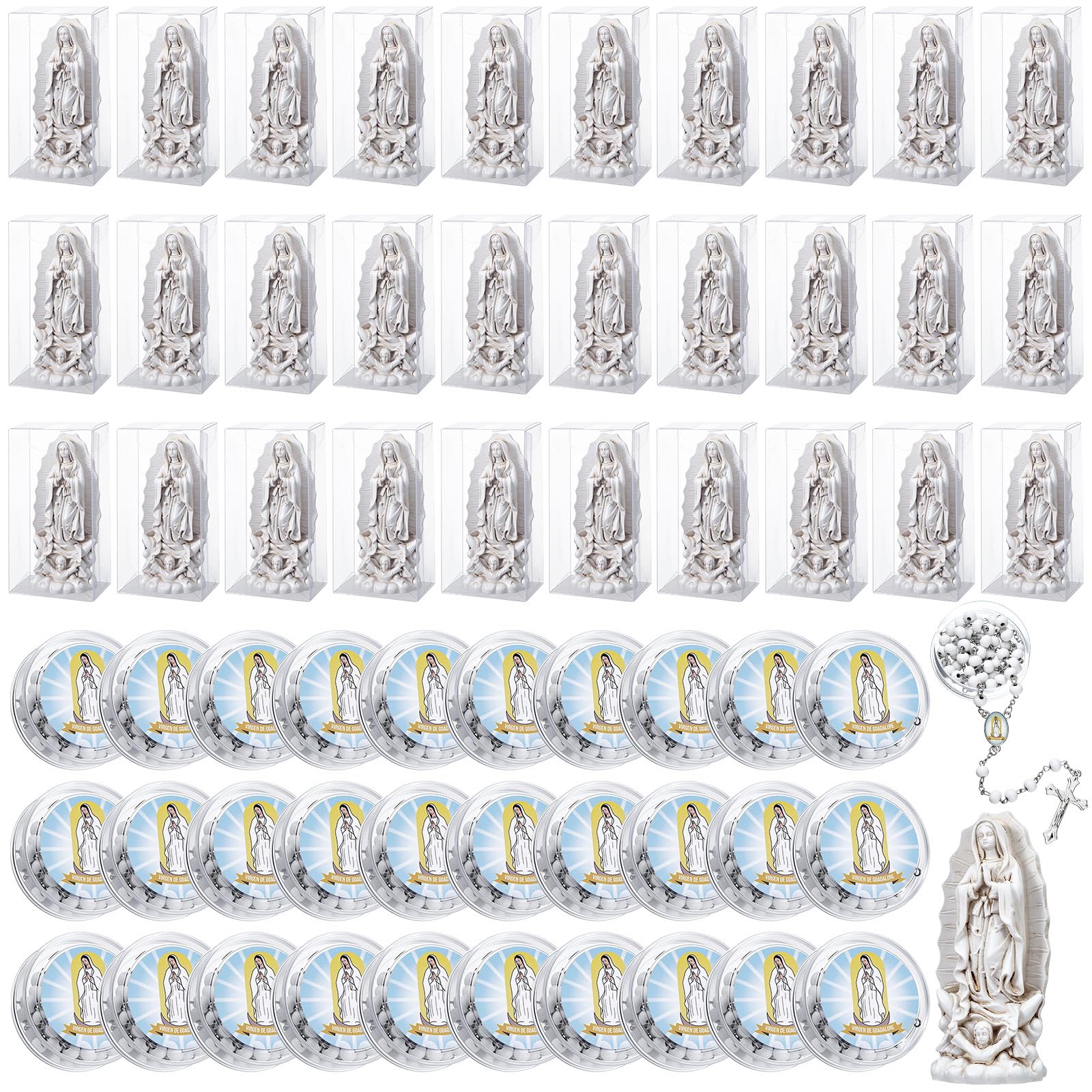 Our Lady of Guadalupe Statues with Scented Rosary Necklace,White,60 Pcs | Resin, Virgen De Guadalupe Statues, Cross Necklace, Small Baptism Favors, Religious Keepsake, for Guests Religious Parties