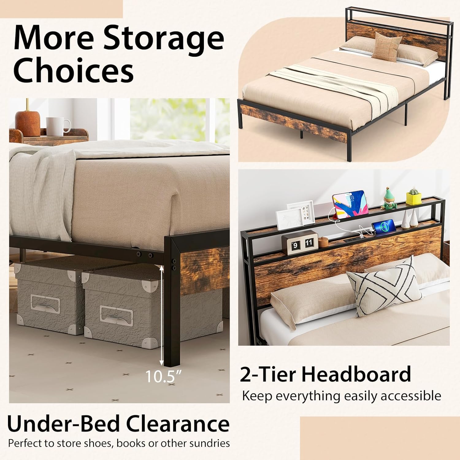 Giantex Queen Bed Frame with 2-Tier Storage Headboard, Industrial Metal Platform Bed with Charging Station, Heavy Duty Metal Support Mattress Foundation, No Box Spring Needed, Noise-Free, Rustic Brown