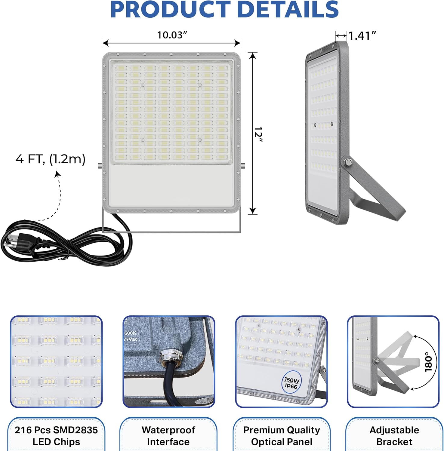 150W LED Flood Light Outdoor, 110-277V Commercial & Residential LED Lights IP66 Waterproof, 6500K Daylight White, 16500LM, Energy Efficient Flood Outdoor Lights, Plug-in LED Flood Lights, 2 Pack