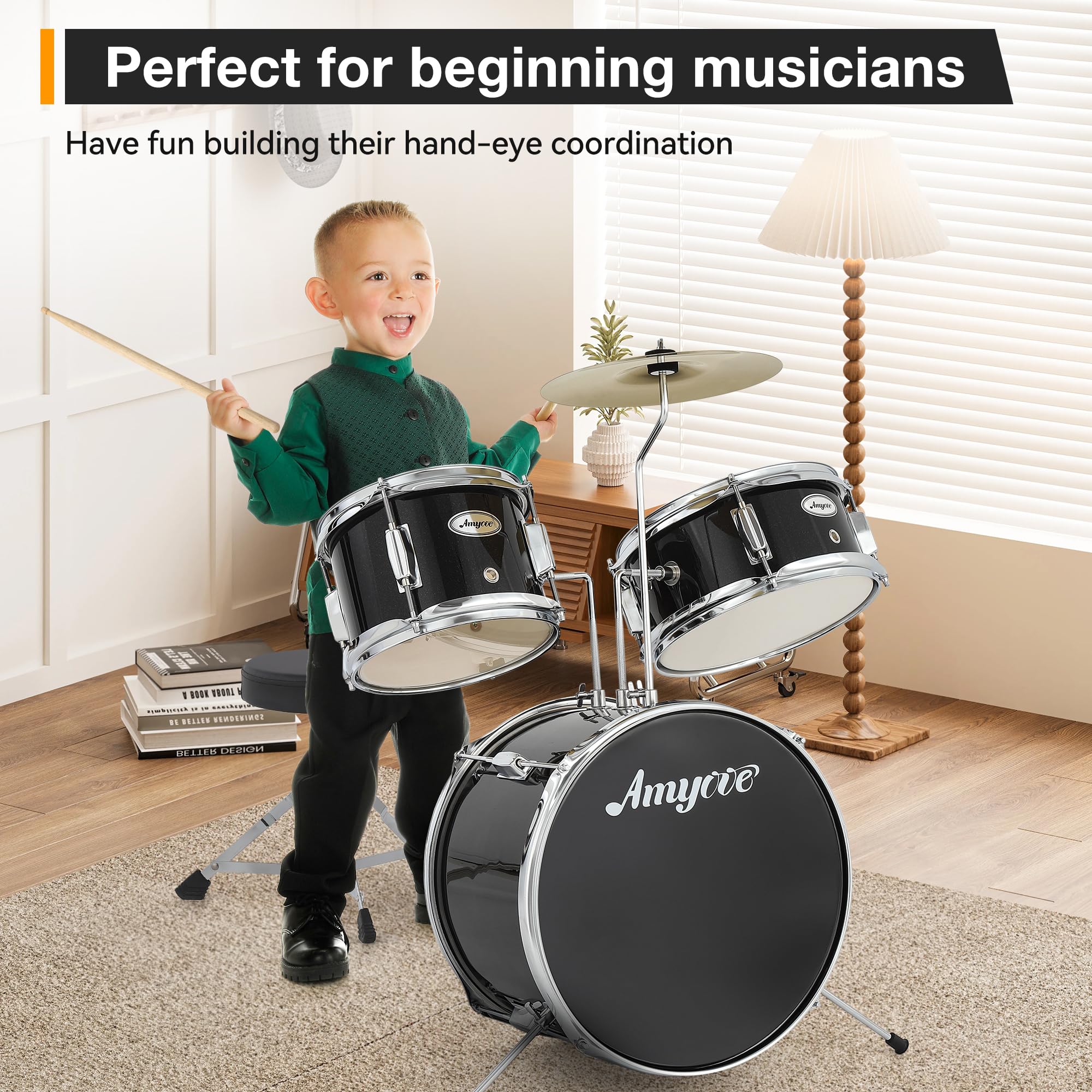 3-teiliges Schlagzeug-Set für Kinder – komplettes Musik-Set mit Bassdrum, Trommel, Tom, 10 Zoll (25,4 cm) Becken, Drumsticks, Hocker, Pedal – perfekt für Anfänger, Geschenk für Jungen und