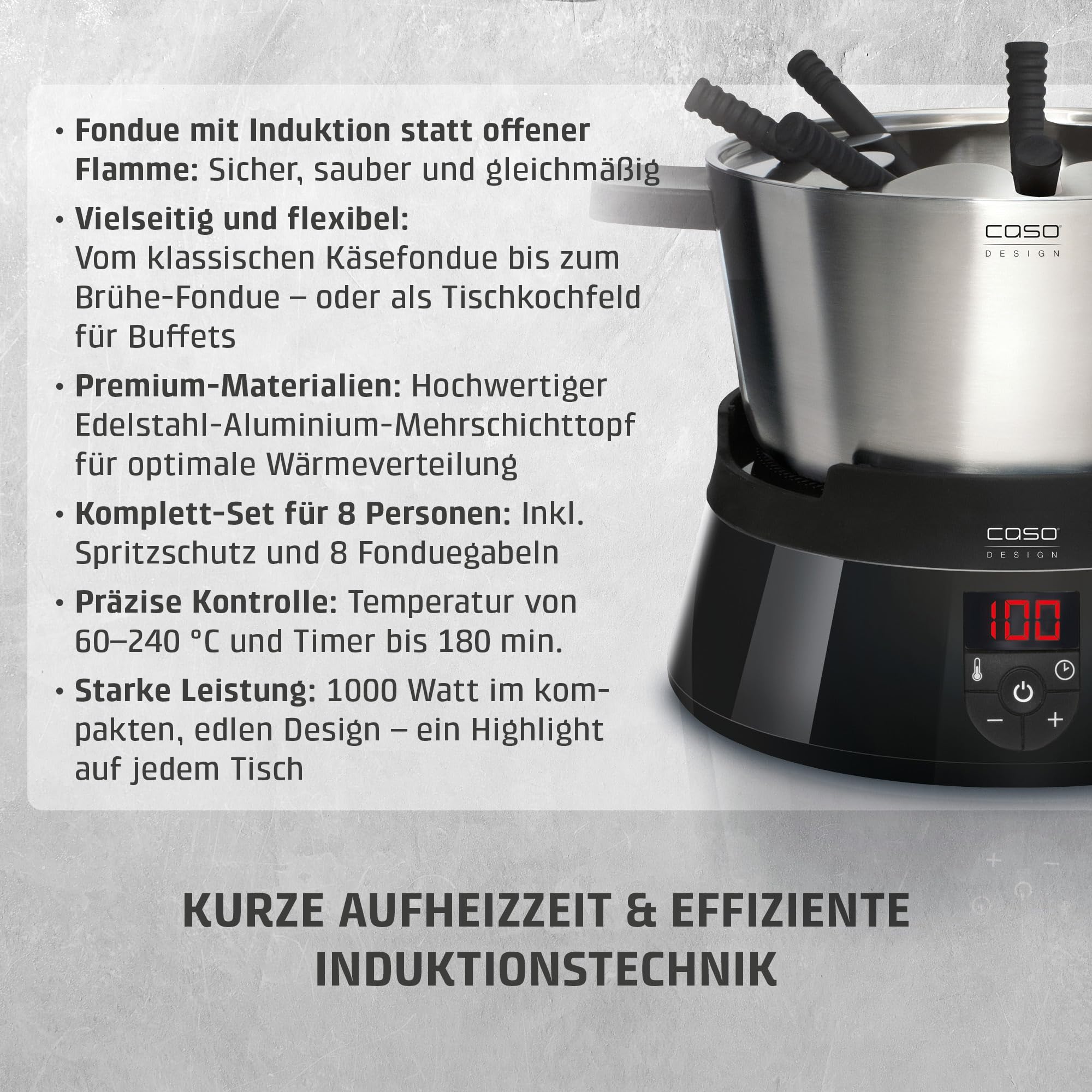 CASO Induktions FonDue - für 8 Personen, Temperatureinstellung von 60 bis 240 °C, gleichmäßige Erwärmung durch hochwertigen Fonduetopf