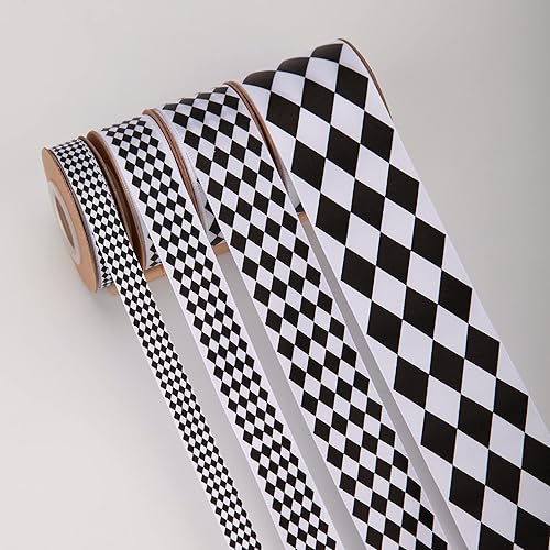 Miniatura 7 de 4 rollos en total de 20 yardas de cinta de satén blanco y negro impresa con diamantes para manualidades, envoltura de regalos, decoración de fiesta