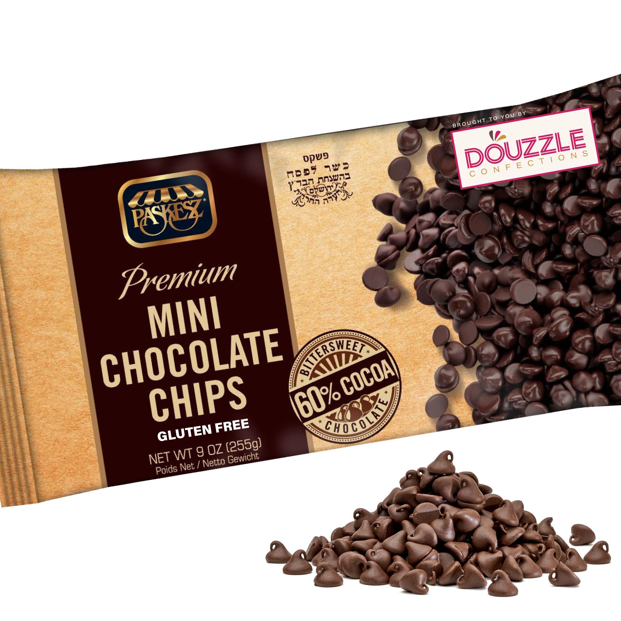 DOUzzle Gluten Free Mini Dark Chocolate Chips for Baking - Premium 60% Cocoa Bittersweet (9 OZ - Pack of 1) Kosher for Passover Food - All Natural, Vegan, Dairy Free, Lecithin Free