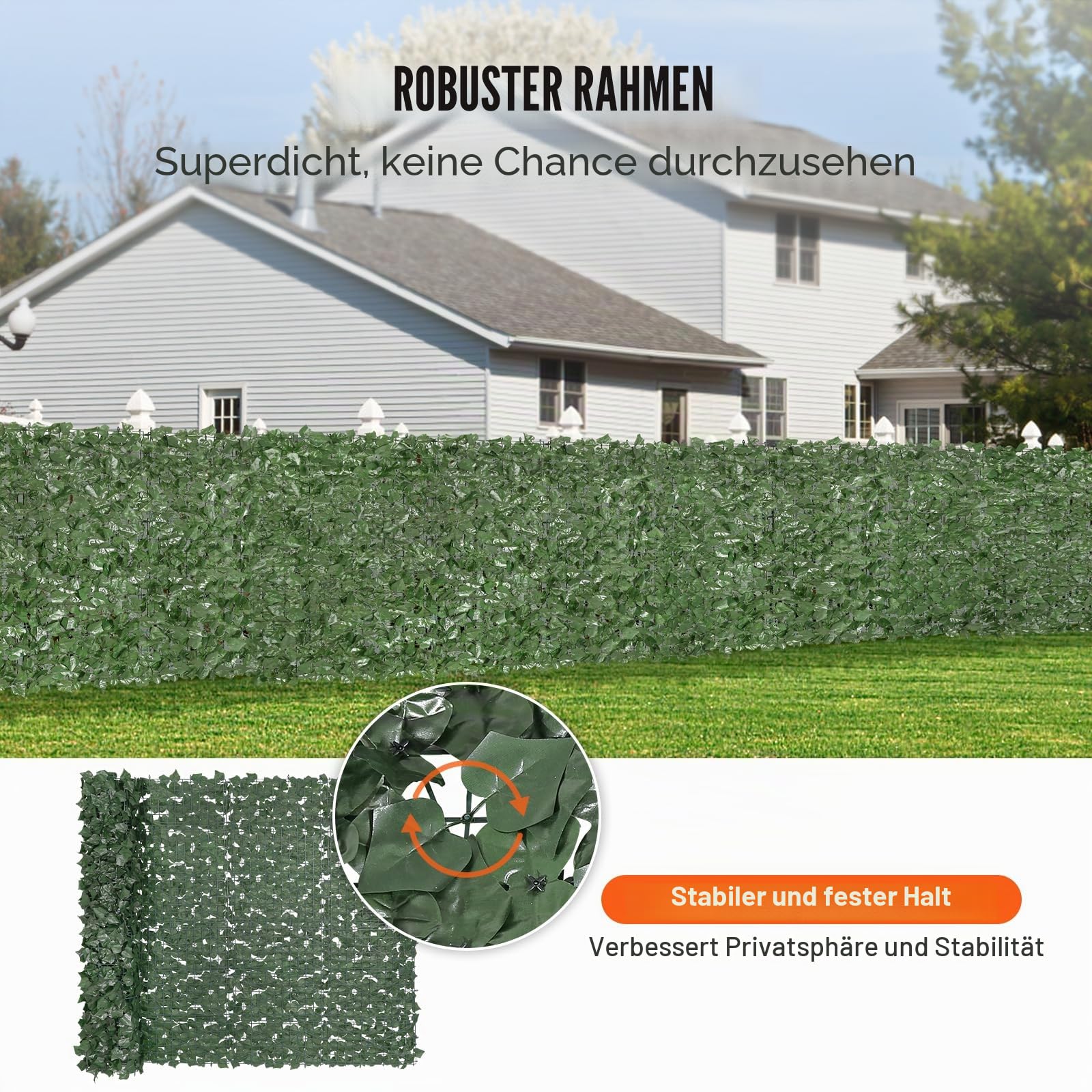 VEVOR Sichtschutzzaun aus Efeu, 1500 x 2490 mm, Pflanzenwand, grüner Efeuzaun mit verstärkter Verbindung, künstliche Hecken mit Weinblättern als Dekoration für Garten, Hof und Terrasse