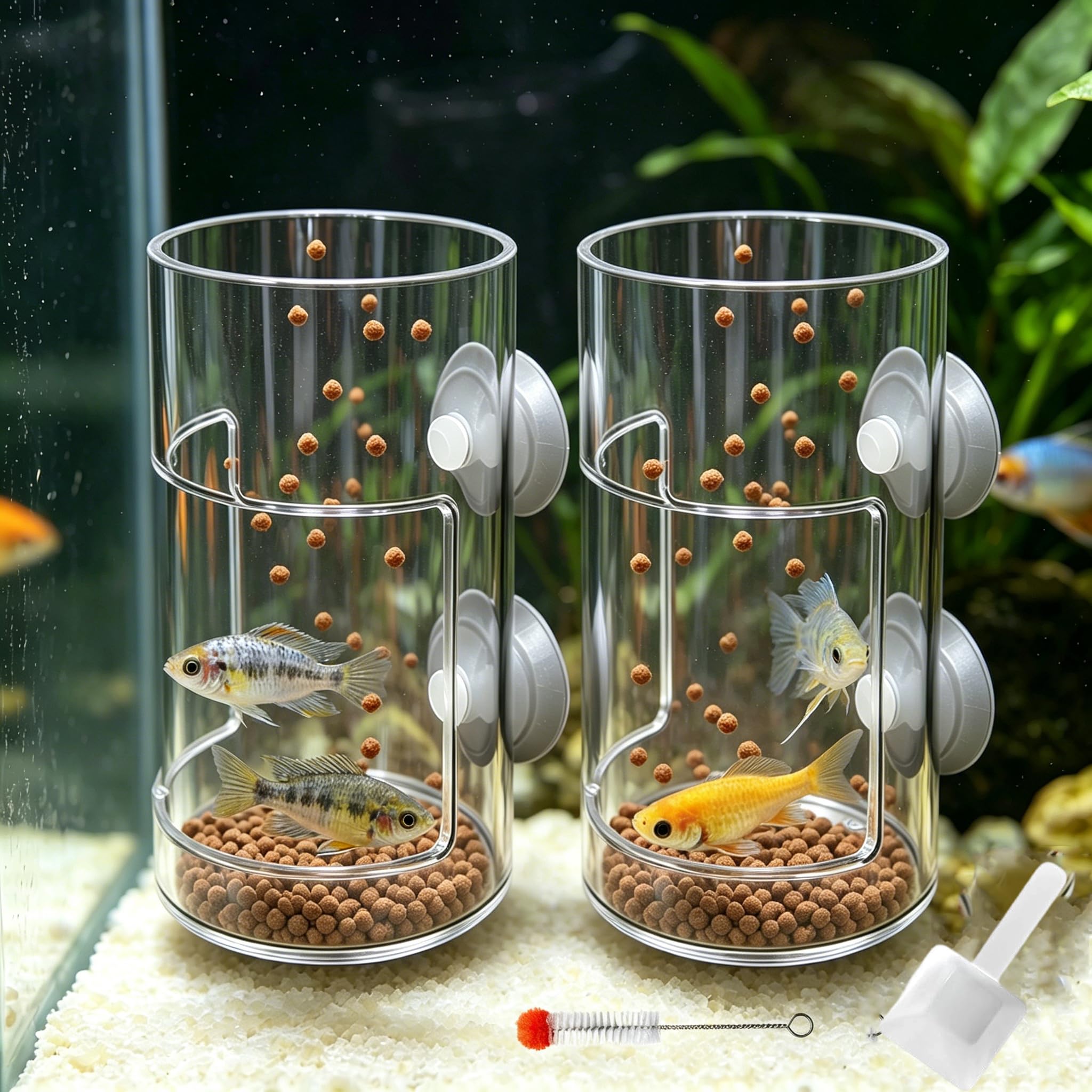 Aquarium Feeding Ring and Tray, 2-in-1 Automatic Fish Feeder, Feeder Station with Strong Suction Cups, Keeps Food in Place for Less Waste, Freshwater & Saltwater Tanks (2PCS)