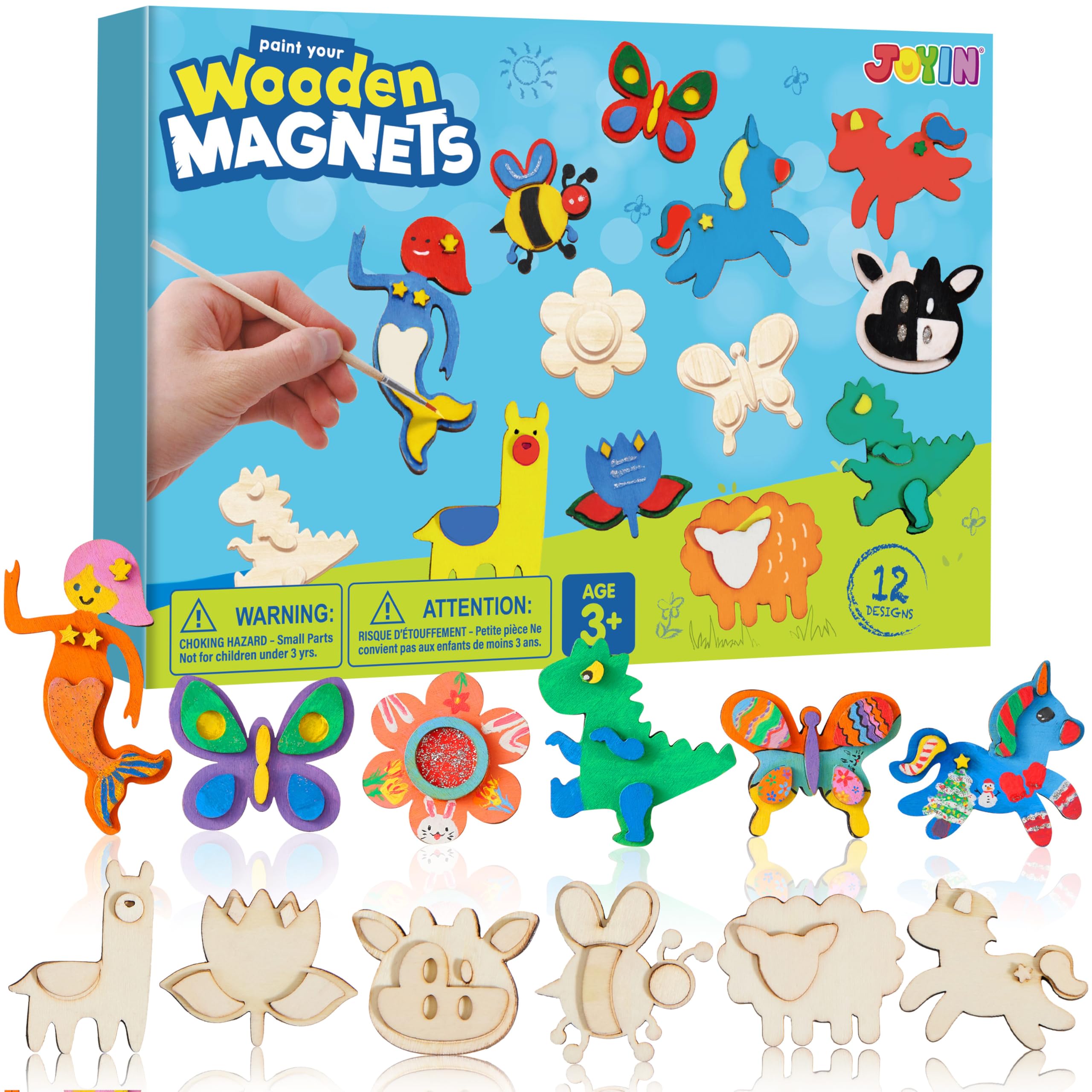JOYIN 12 Wooden Magnet Creativity Arts & Crafts Painting Kit for Kids, Decorate Your Own Painting Gift for Easter Basket Stuffers, Birthday Parties and Family Crafts, Party Favors for Boys Girls