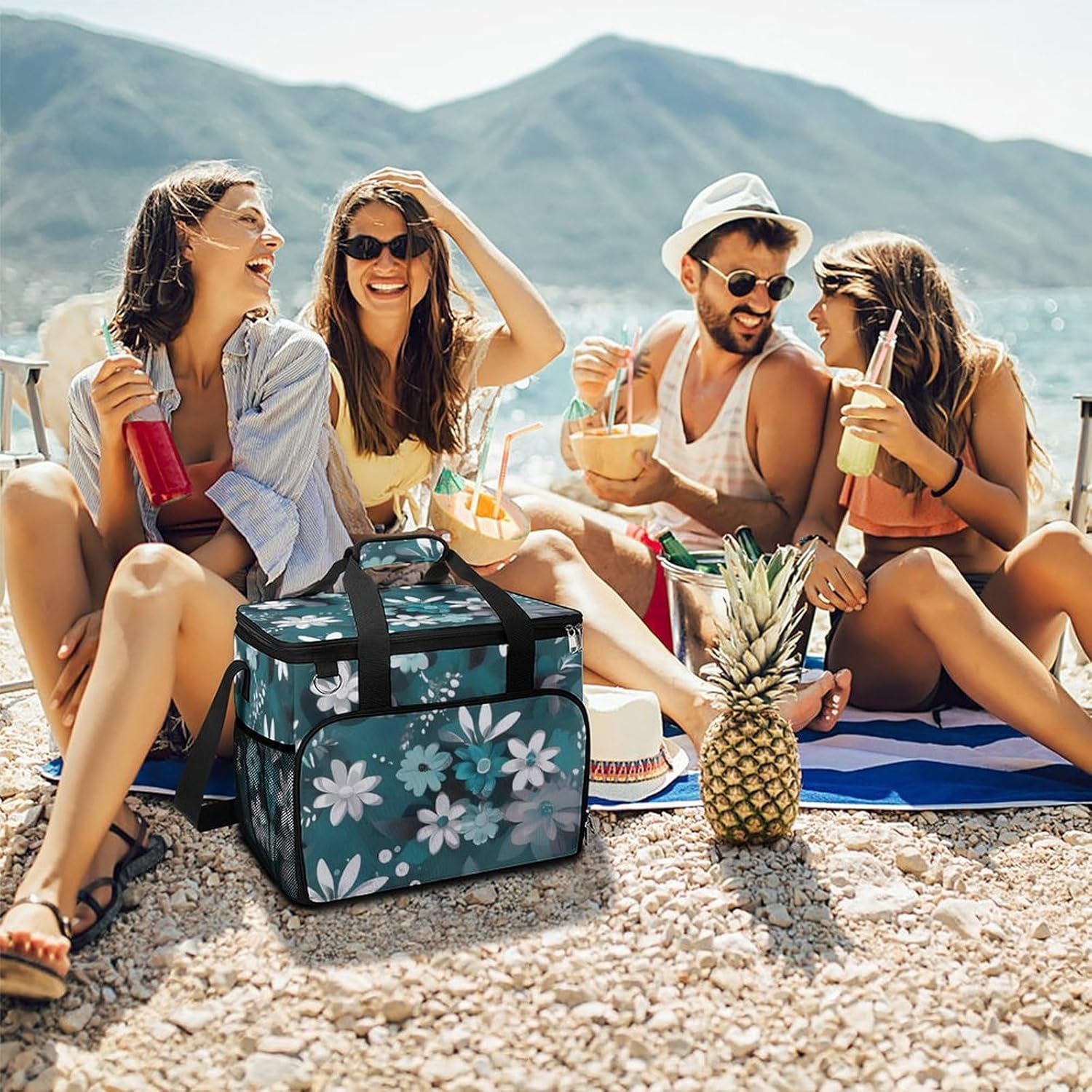 Large Capacity Oxford Cloth Teal Grey and White Floral Printed Camping Ice Bag, Outdoor Portable Insulation and Cooling Bag, Suitable for Outdoor Camping and Picnics