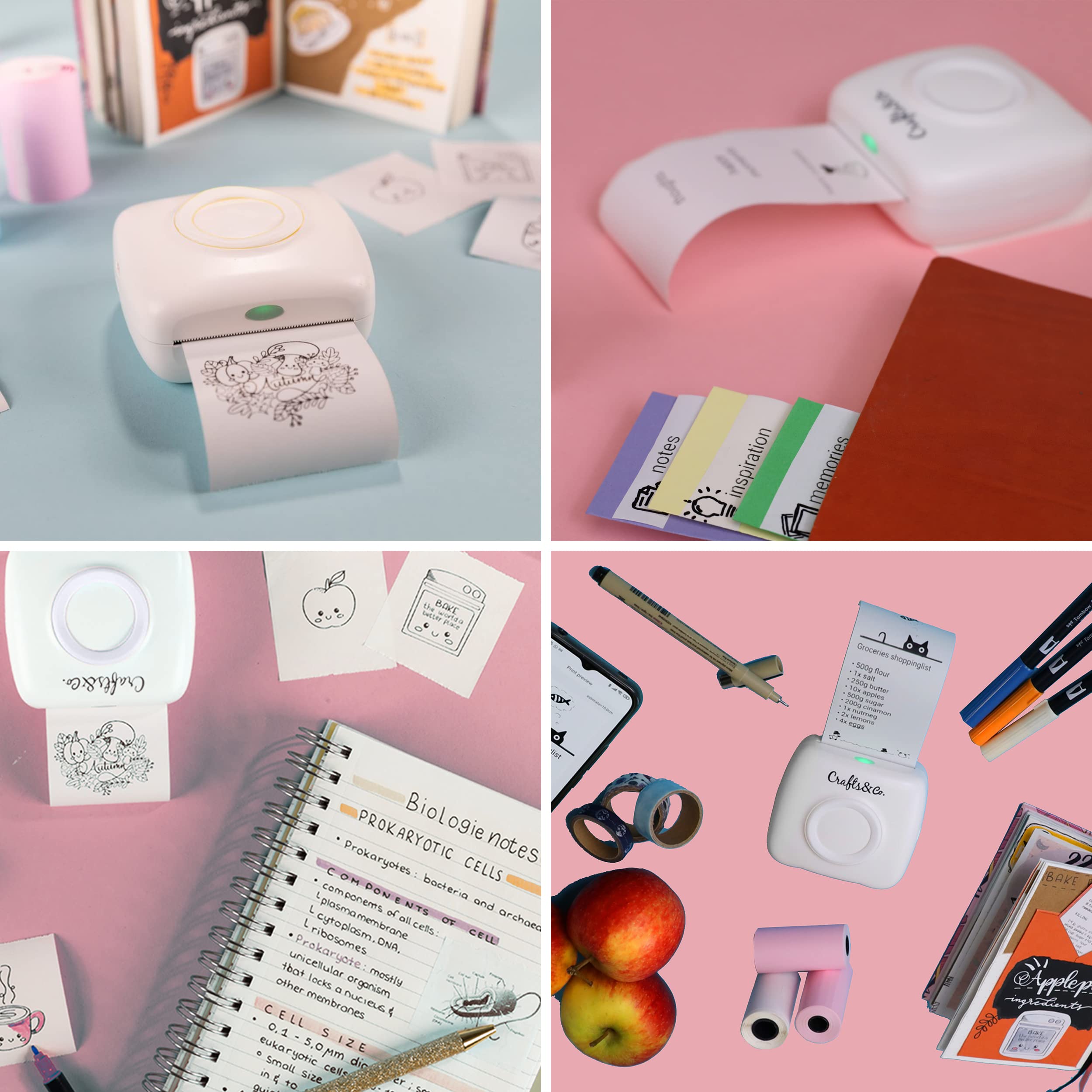 Crafts&Co Przenośna mini drukarka termiczna do smartfonów | Natychmiastowa mini drukarka Bluetooth, drukowanie naklejek, zdjęć, etykiet, zawiera 3 rolki papieru + aplikacja