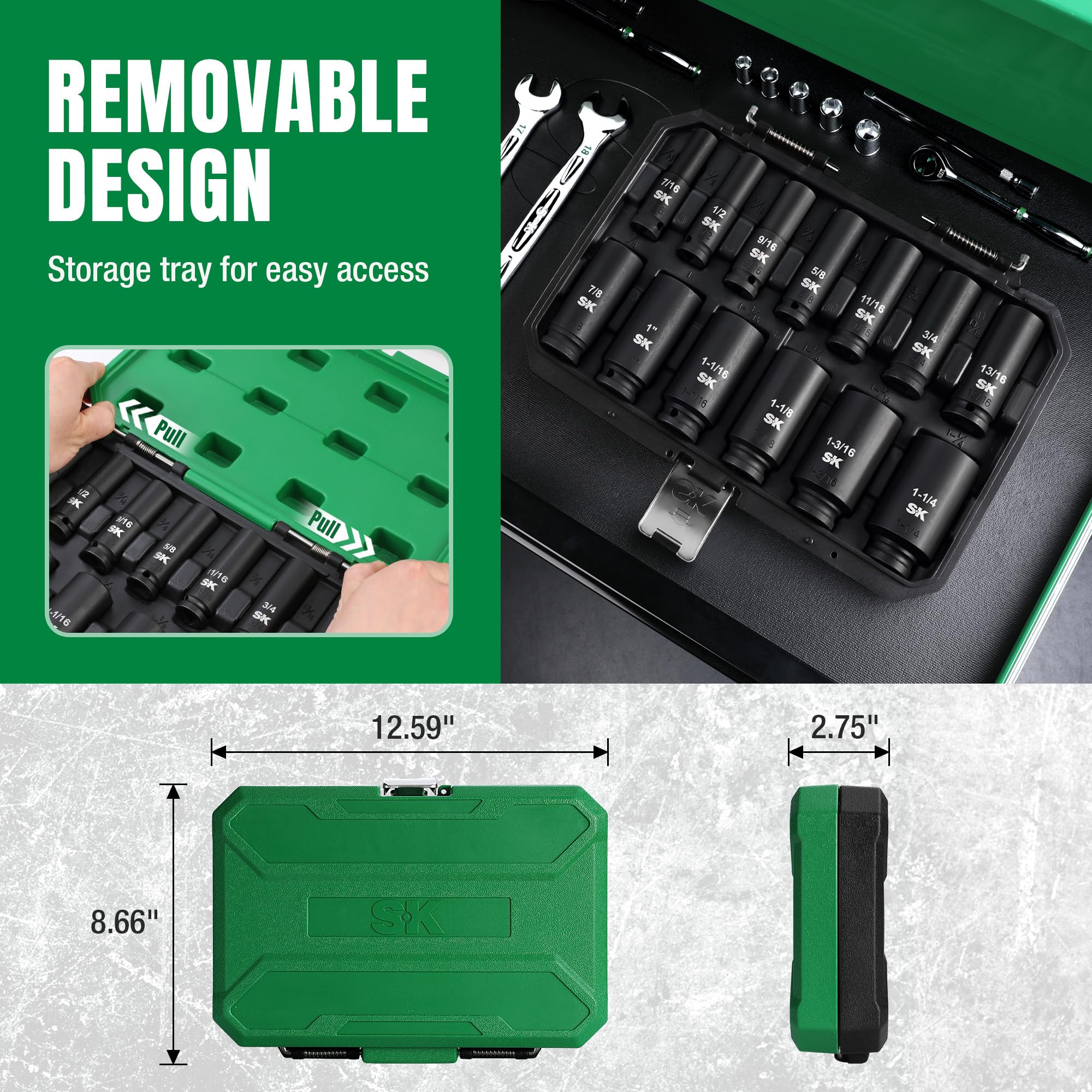 SK 1/2" Drive Impact Socket Set, Deep SAE Sockets, 13-Piece 7/16" to 1-1/4", Premium CR-MO Steel, SureGrip 6 Point Design, With Storage Case
