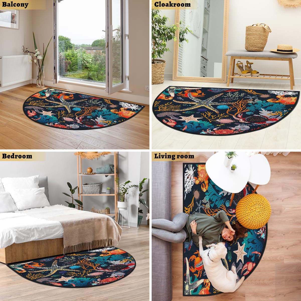 Mexpekil Paillasson demi-lune en forme d'étoile de mer, crabe corail, pour intérieur et extérieur, antidérapant, lavable, absorbant, anti-saleté, 100 x 160 cm