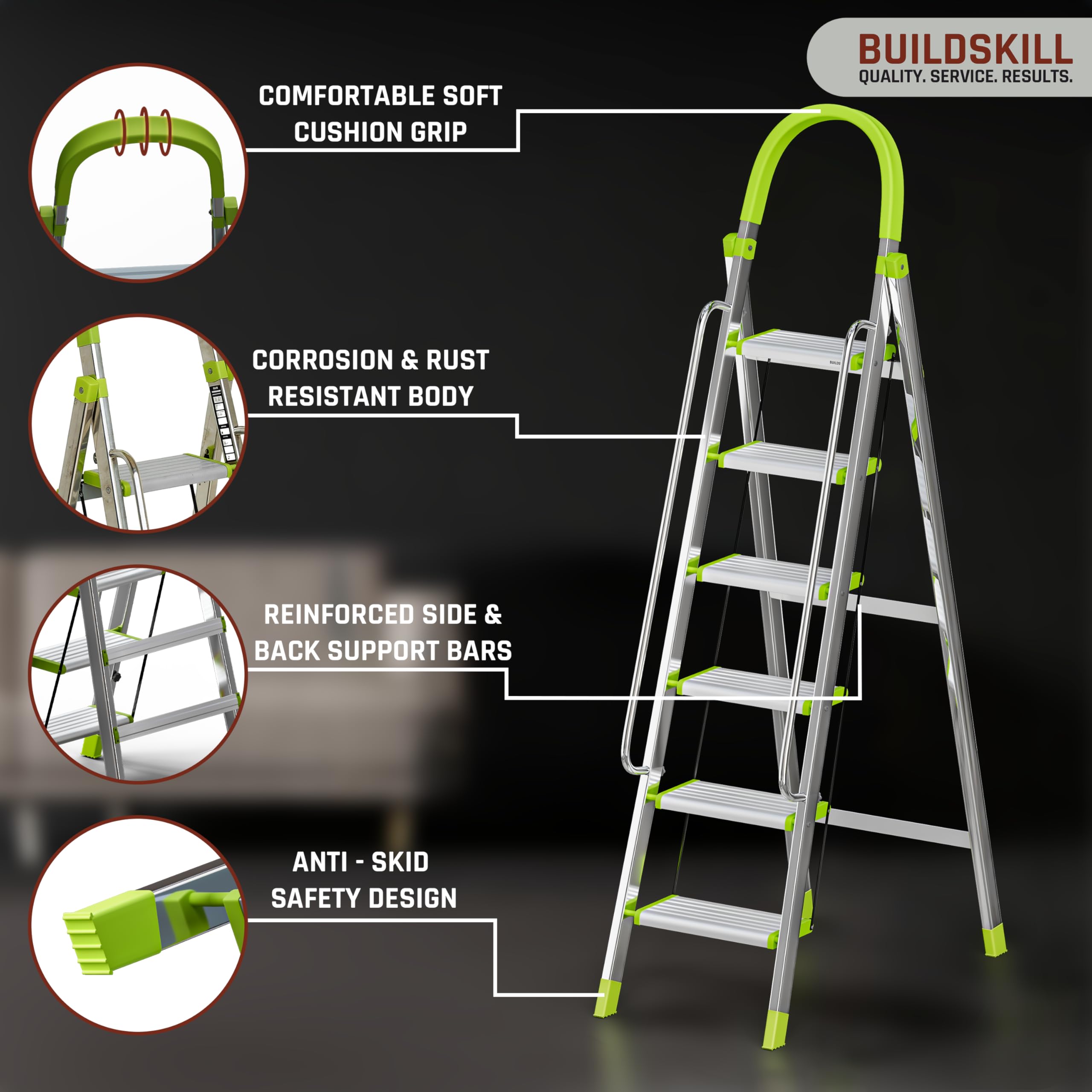 BUILDSKILL Aluminium Ladder for Home 6 Steps | 35x16cm Wide Anti-Slip Aluminium Steps | Stainless Steel Body | Handrails | Load 150 Kg| Foldable Lightweight 6.5KG Ladder for Kitchen, Office & Home — Amazon image 5