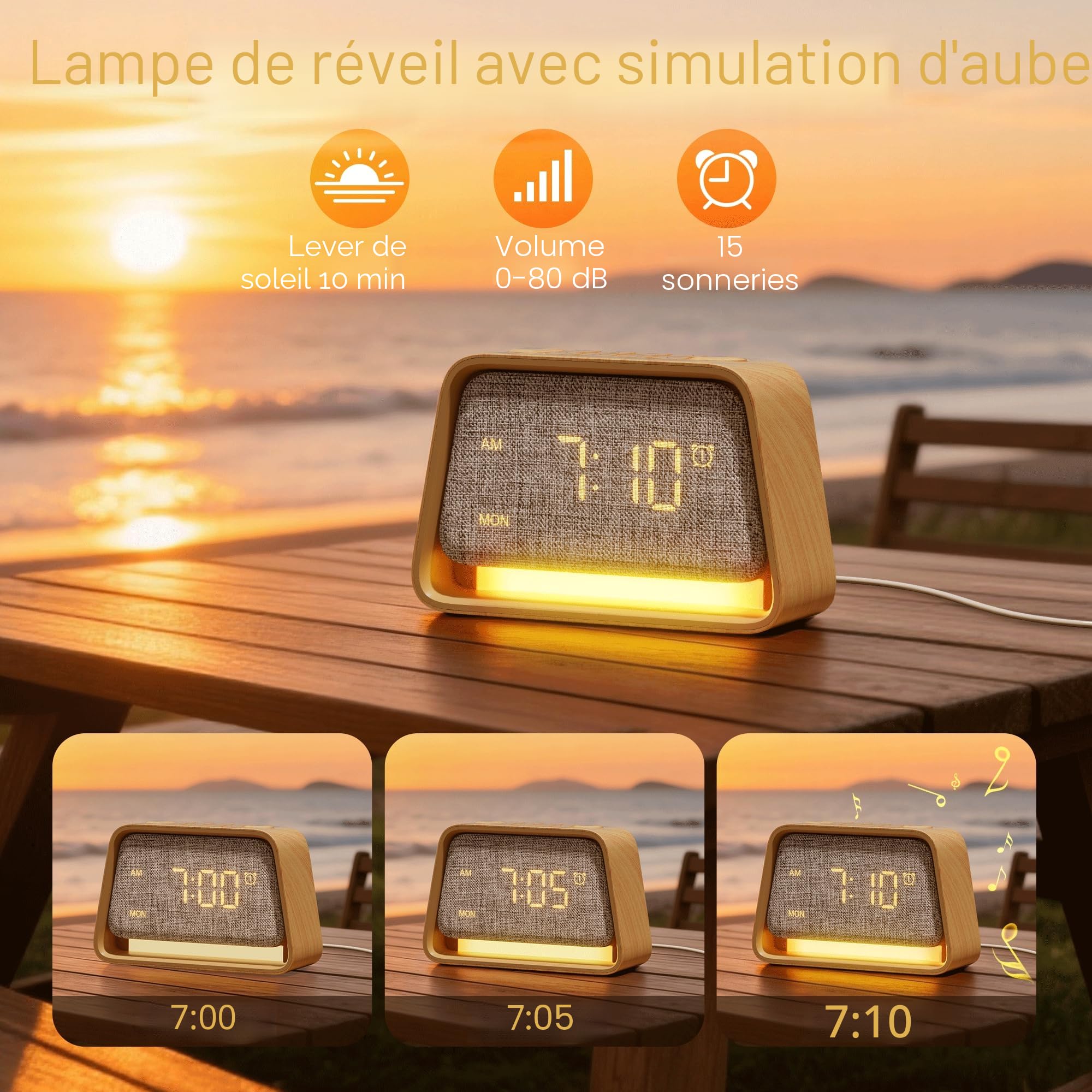blonbar Réveil, réveil 3 en 1 avec veilleuse, aide au sommeil avec 10 bruits blancs et 10 sons naturels, lampe de table réglable à 3 niveaux pour chambre à coucher, chambre à coucher