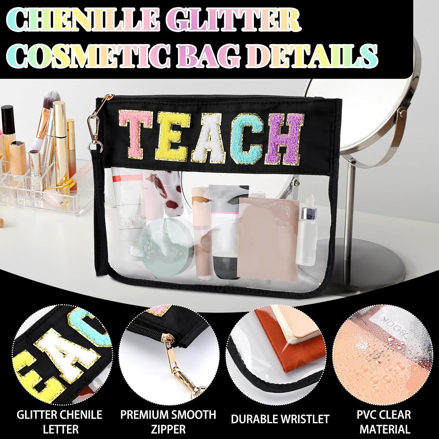 2 Pcs Teacher Gifts Cosmetic Makeup Bag with Chenille Letter Patch,with Handles PVC Waterproof Clear Makeup Bag,Portable Toiletry Storage Bag image 4
