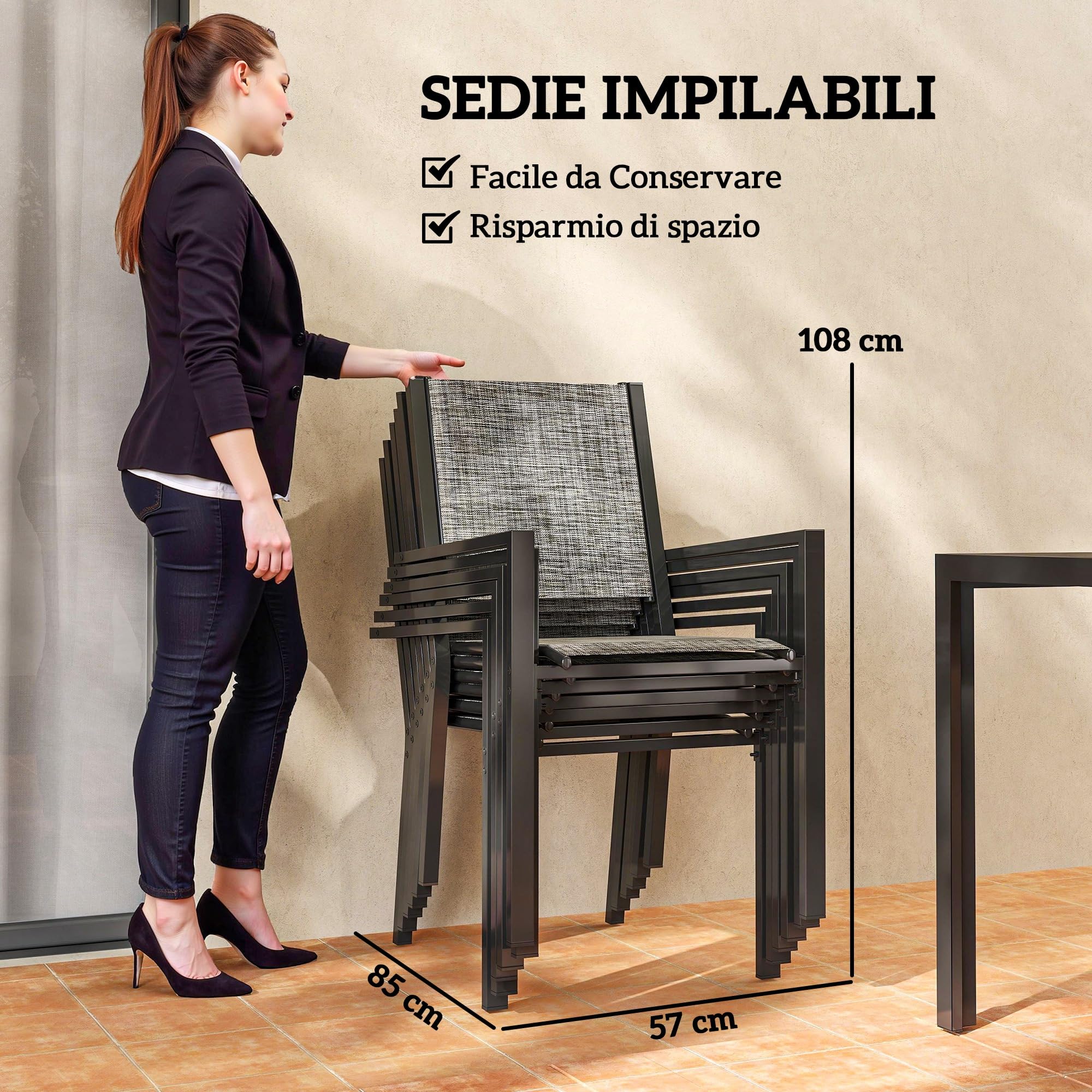 Outsunny Set Tavolo da Giardino 7 Pezzi, Pranzo con Sedie Impilabili, Acciaio Texteline Grigio Nero