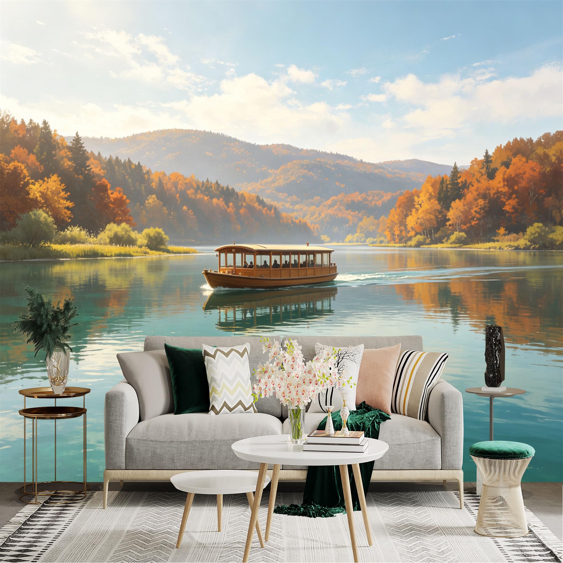 Custom Size Wall Sticker Mural， Wooden Boat on Calm Lake， Autumn Forest Scenery， Bright Blue Water， for wall Decoration， peelandstick wall Decals.