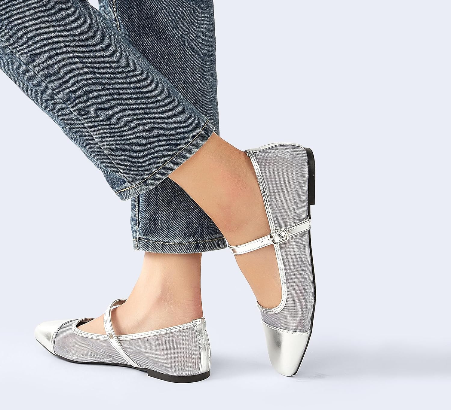 LUCKY STEP Women's Mesh Buckle Flats Mary Jane Square Toe Ballet Dress Adjustable Strap Block Heel Casual Daily Formal Wedding Shoes