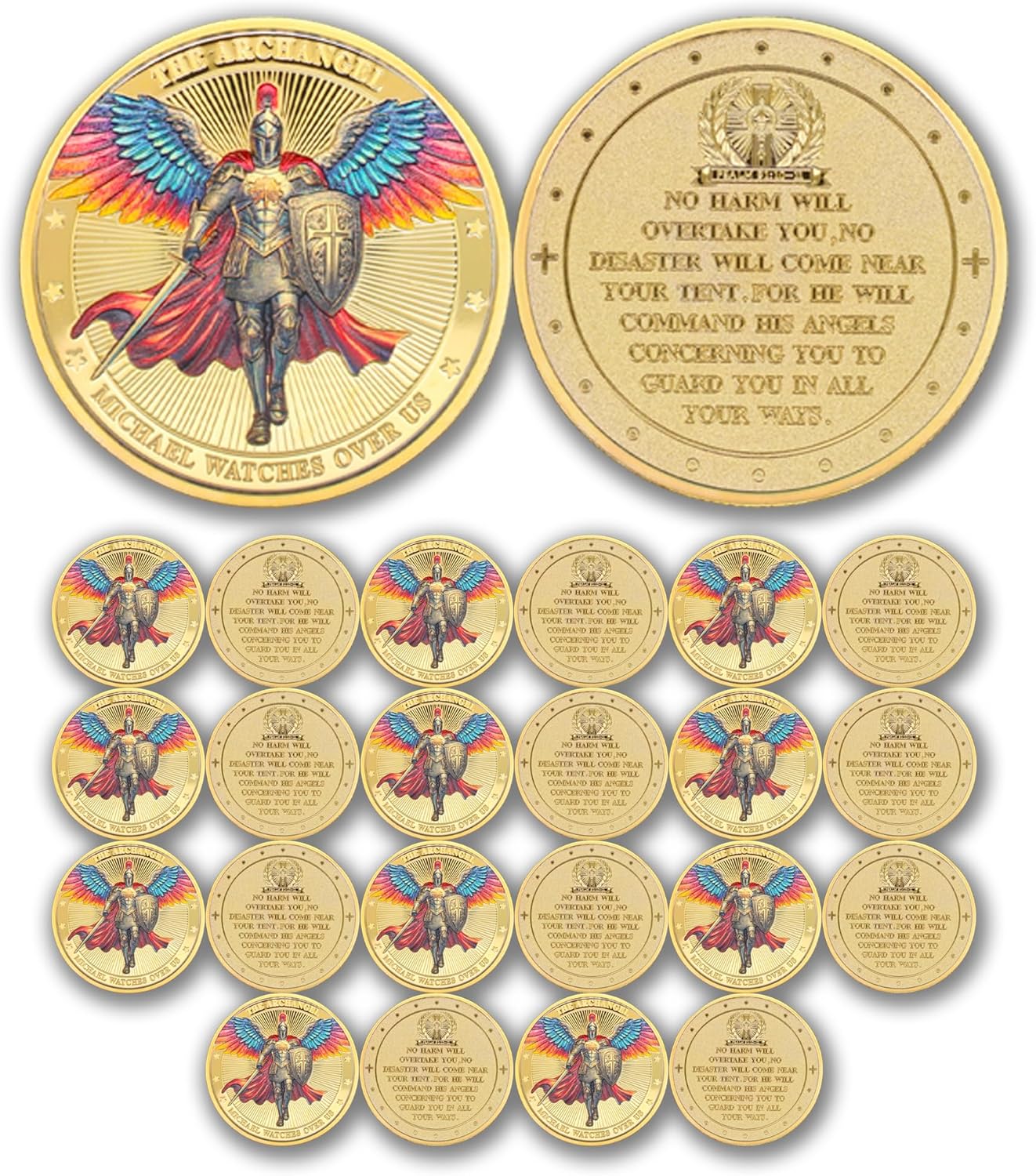 24Pcs The Archangel Michael Watches Over Us - St Michael Challenge Coin - Psalms 91:10-11 - Lucky Guardian Amulet for Military, Police, Christian Church, School, Friends and Family (Golden)
