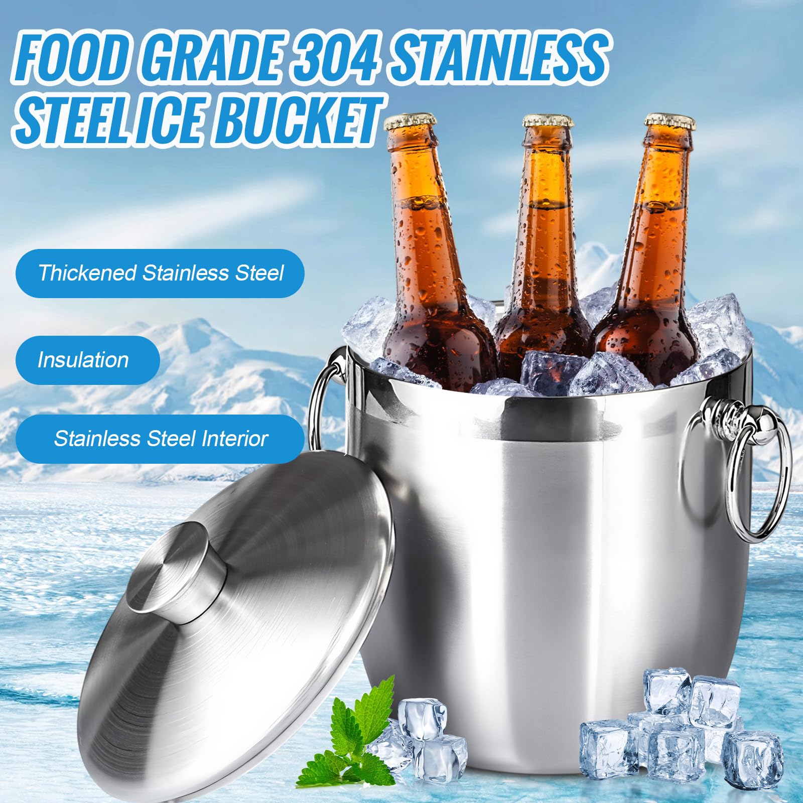 3L Eiswürfelbehälter Edelstahl, Eiskübel mit Deckel, Eisbehälter Doppelwandig mit Clips und Sieb für Kühlen von Bier Champagner Sekt Wein