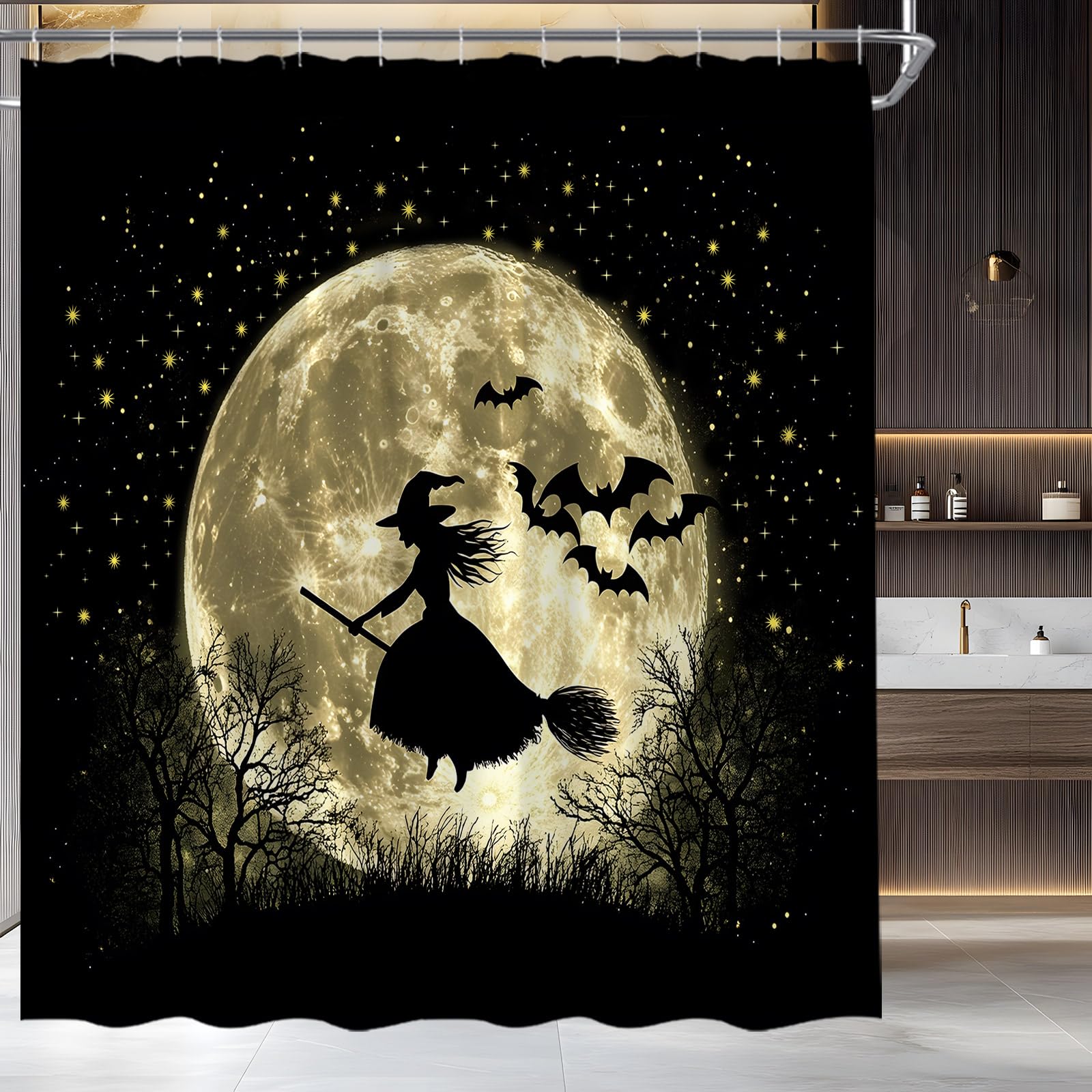 Rideau de douche Halloween impression HD forêt sorcière lune gothique
