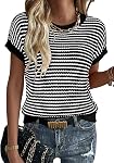 KISSMODA Tige rayée casual femme haut à manches courtes Cap à manches longues Col de l'équipage Pull S-XXL