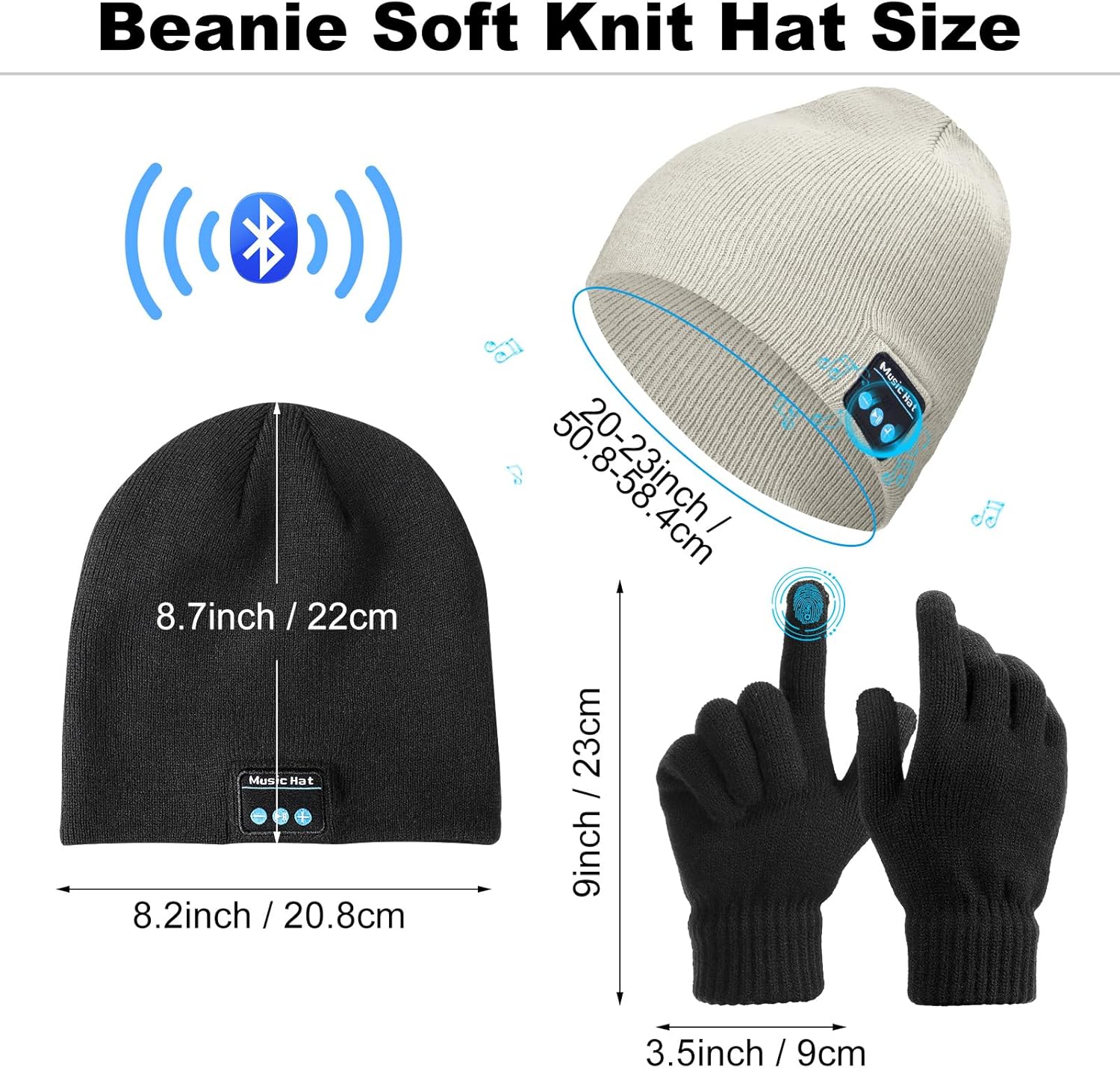 Honoson 4 Set Bluetooth Beanie Hat for Men Wireless Music Beanie with Gloves Winter Gift for Men Women Sports Winter Gift - Image 2