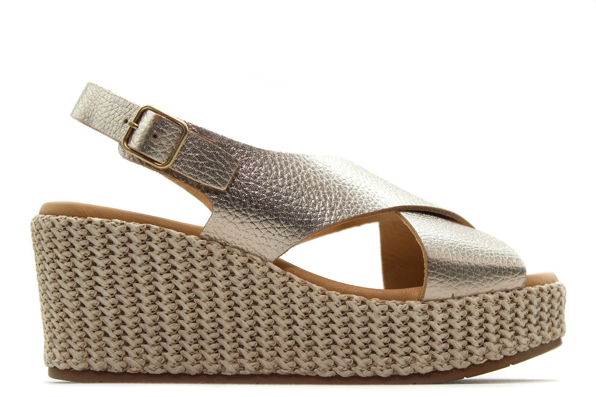 PITILLOS - Sandalias de piel con dos tiras cruzadas,cuña y plataforma de esparto,yute,Suela de goma,espadril, para: Mujer color: ORO talla:39
