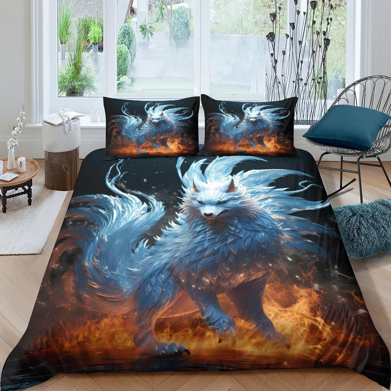 Ctjqhvkz Style-2 3D Printed Blue Fire Wolf Fitted Sheet Microfiber Soft Non-Slip Mattress Cover For Bedroom Dorm Decor Single（135X200cm）