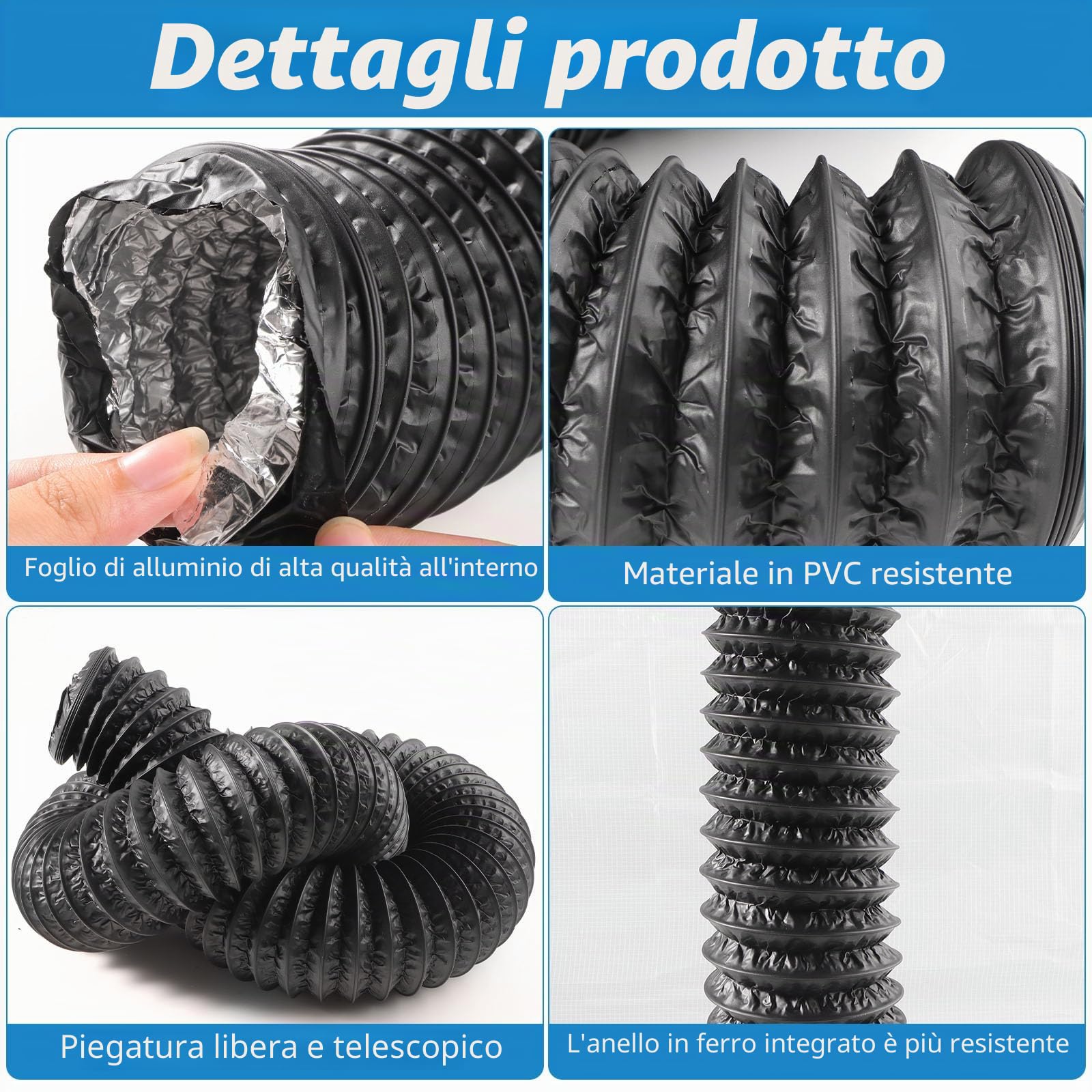 Tubo di Scarico PVC Ø80mm 2,5m Tubo di Ventilazione Flessibile Alluminio | Tubo di Scarico Ventilatore con Nastro in Alluminio 50mm x5m e 2 Fascette Stringitubo per Aria Condizionata Cappa Aspirante