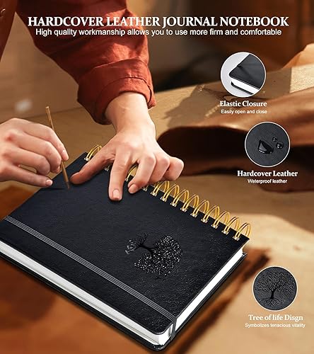 Miniatura 9 de Cuaderno con espiral rayado, 300 páginas de tapa dura de cuero para mujeres y hombres, cuadernos universitarios grandes B5, papel grueso de 100 GSM,
