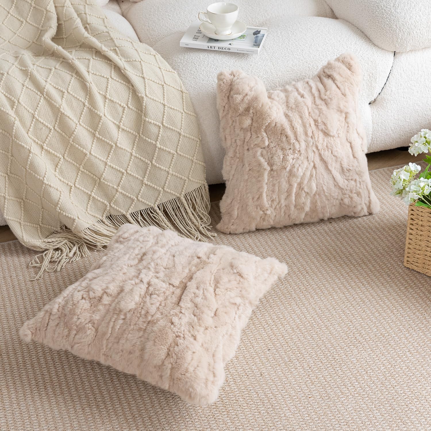 Genuine Rabbit Fur Throw Pillow Covers Set of 2,Luxury Decorative Pillowcases Soft Fluffy Animal Skin Accents Square Cushion Cover for Couch Sofa Bedroom Living Room Home,18x18 inch,Beige - Image 8