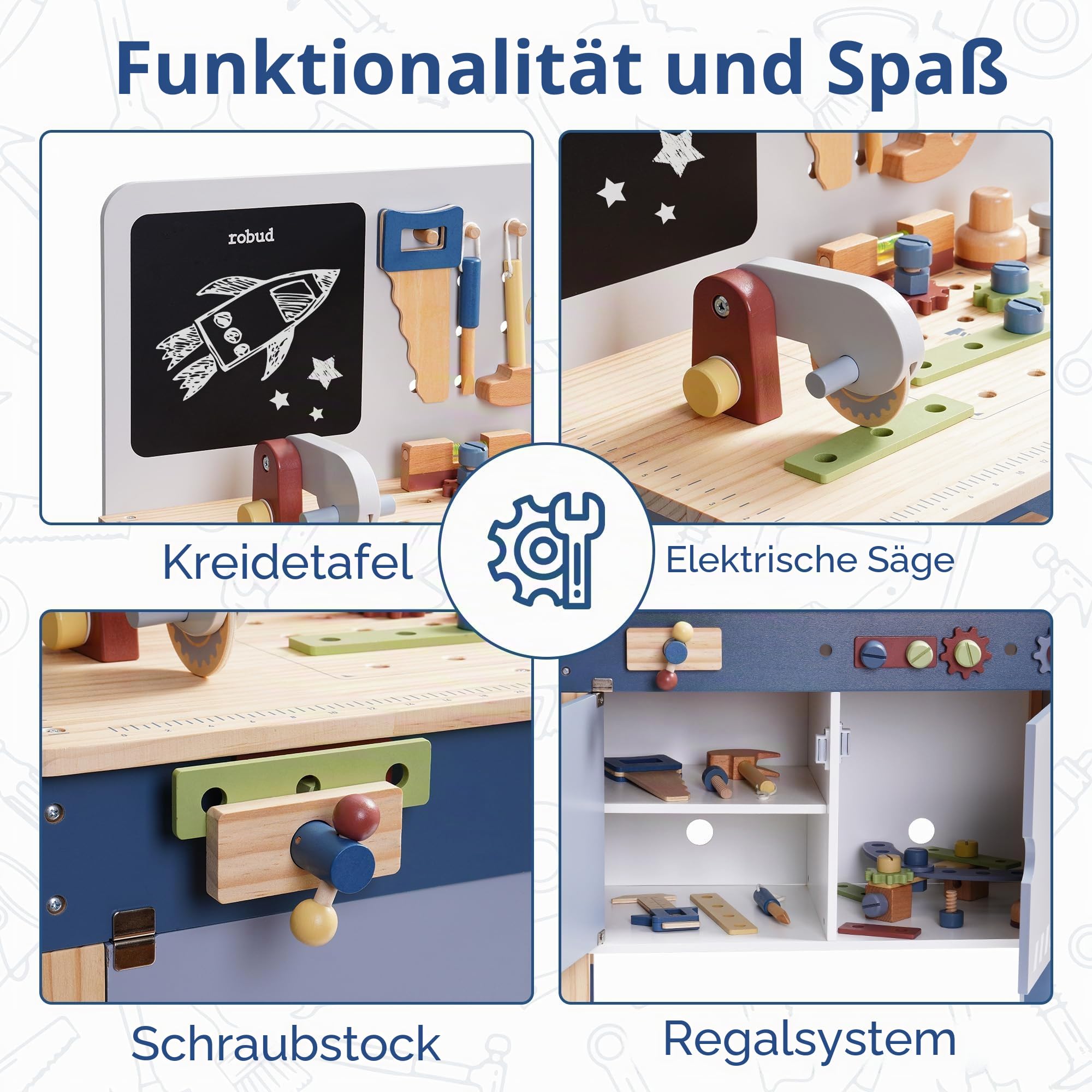 ROBUD Holzspielzeug Werkbank, Großes Kinder Holz Spielwerkzeug, Pretend Play Creative Building Set, Construction Workshop Tool Bench Toys, Geschenk für Mädchen Jungen 3+