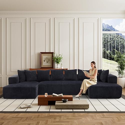 Oversized Modular Sectional Sofa with Two Chaise, Deep Seat Corduroy U-Shape Cloud Lounge for Living Room & Apartment - Black