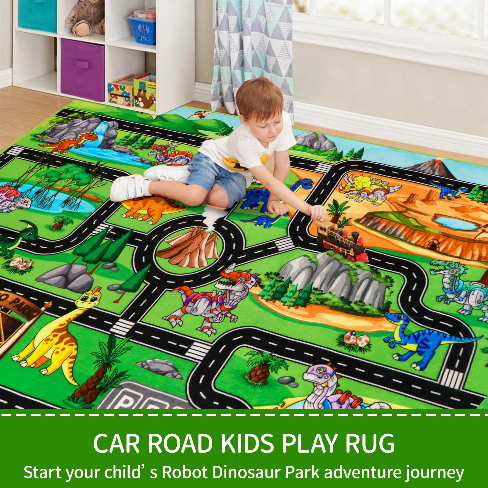 DINSUMRUG Kids Rugs for Playroom 200×150CM Dinosaur Car Play Mat Robot Dinosaur Park Road Educational Dino Road Rug for Toy Car Jurassic Themed Play Carpet for Kids Toddlers - Image 4