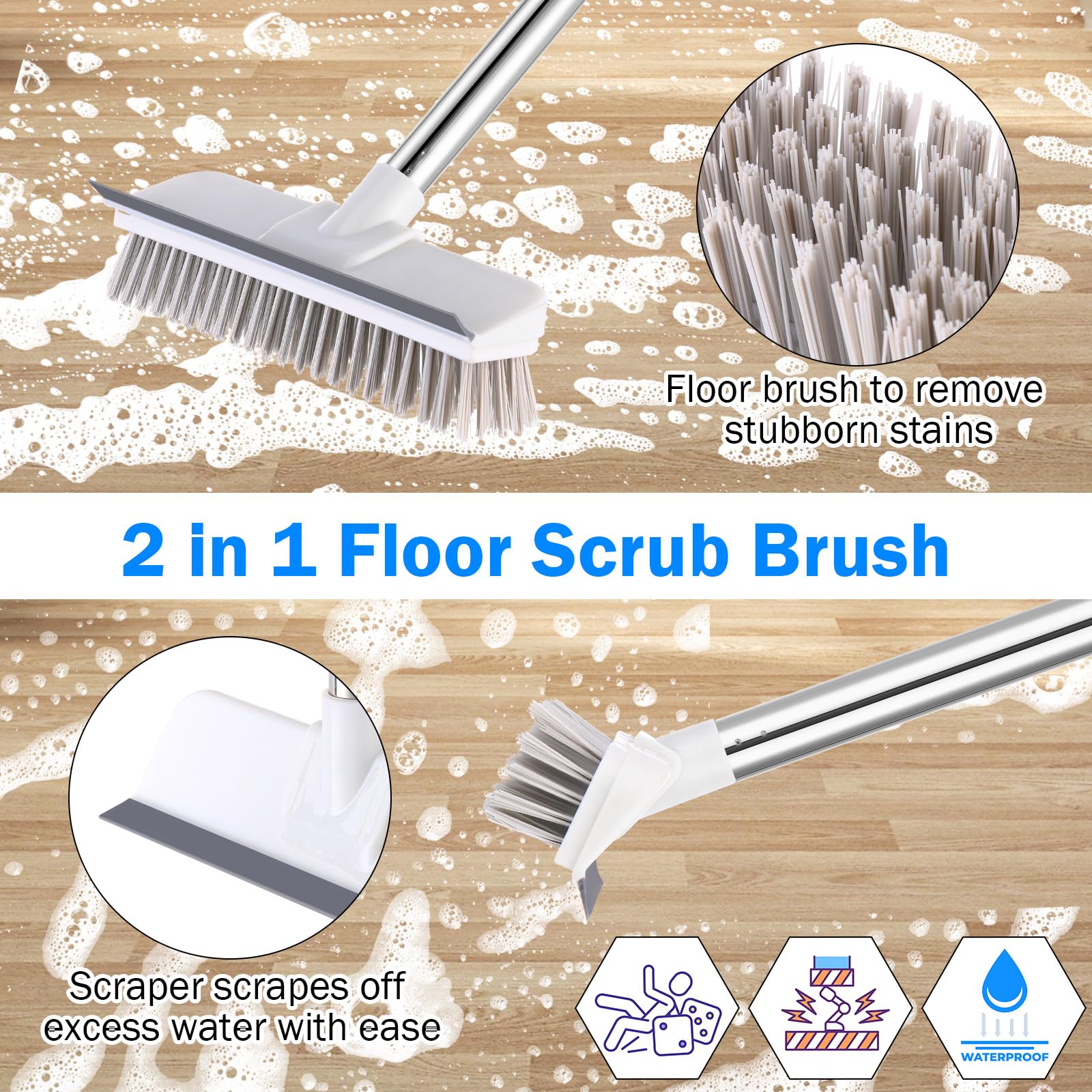Dandat 6 Pack Floor Scrub Brush with Long Handle, 2 in 1 Floor Scrubber ...