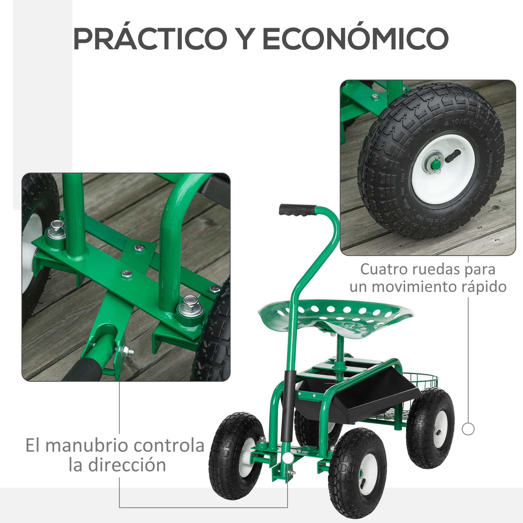 Outsunny Asiento de Jardín con Ruedas, Taburete de Jardinería con Asiento Giratorio y Ajustable en Altura, Ruedas Neumáticas, Bandeja de Herramientas y Cesta, Carga 150 kg para Patio, Exterior, Verde