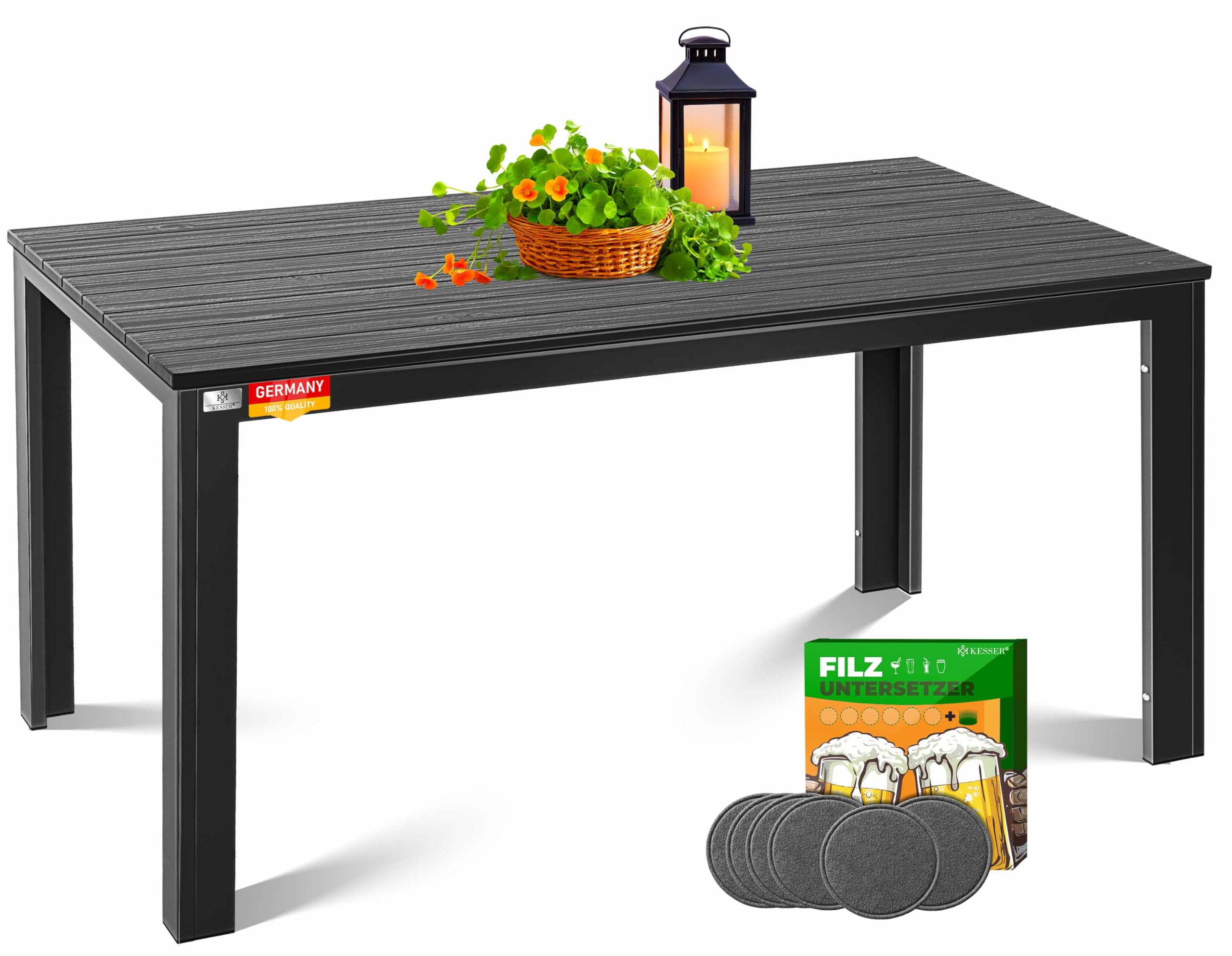KESSER® Tavolo da giardino 156 x 78 cm, per 6 persone, resistente alle intemperie e ai raggi UV, tavolo da esterno con struttura in acciaio verniciato a polvere e piano in plastica effetto legno, con