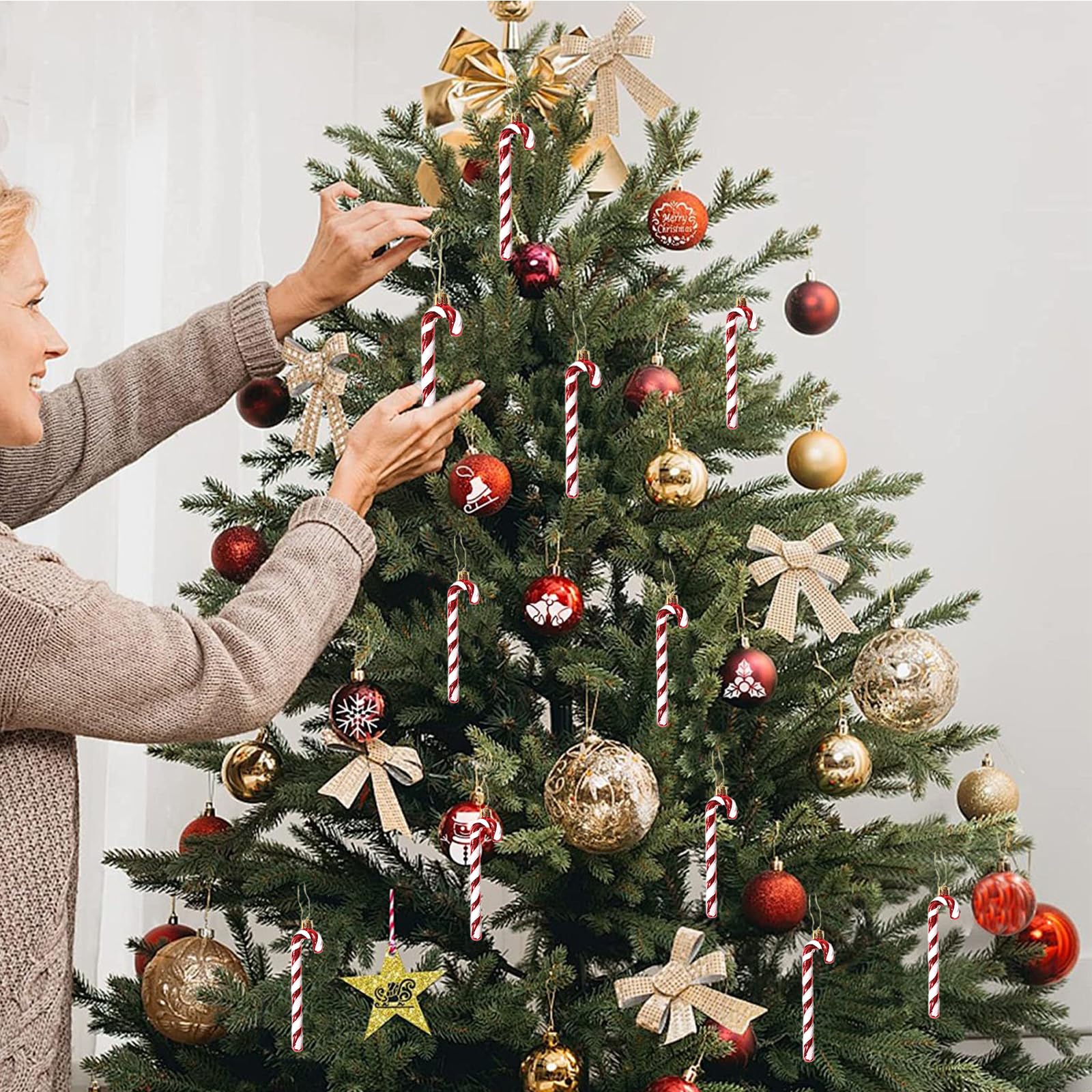 12 Piezas De Purpurina Bastones Caramelo 14 CM Navidad Rojo Plateado Bastón Caramelo Navidad Bastones De Caramelo Adorno Christmas Decorations Adornos Arbol