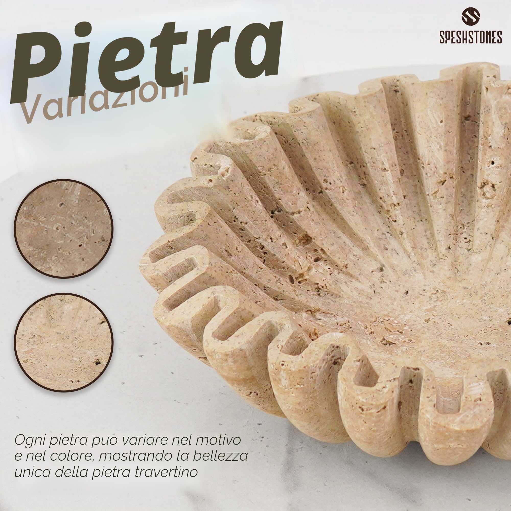 SPESHSTONES Ciotola in travertino con volant da 20,3 cm, grande, decorativa, per bancone della cucina e tavolo da pranzo, centrotavola, in pietra, beige, scanalate e smerlate, per tavolini da caffè e